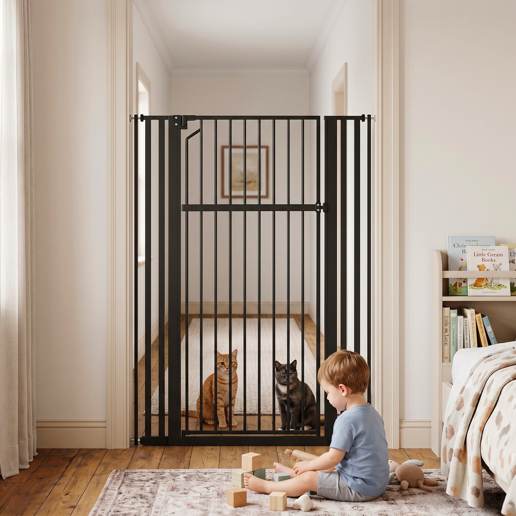 55" Extra Tall Pet Gate for Cats and Dogs, 30-41" Wide Adjustable Pressure Mounted Baby Gate for Doorways, Hallways, Stairs, Includes 2 Extensions, No Drilling, Auto Close