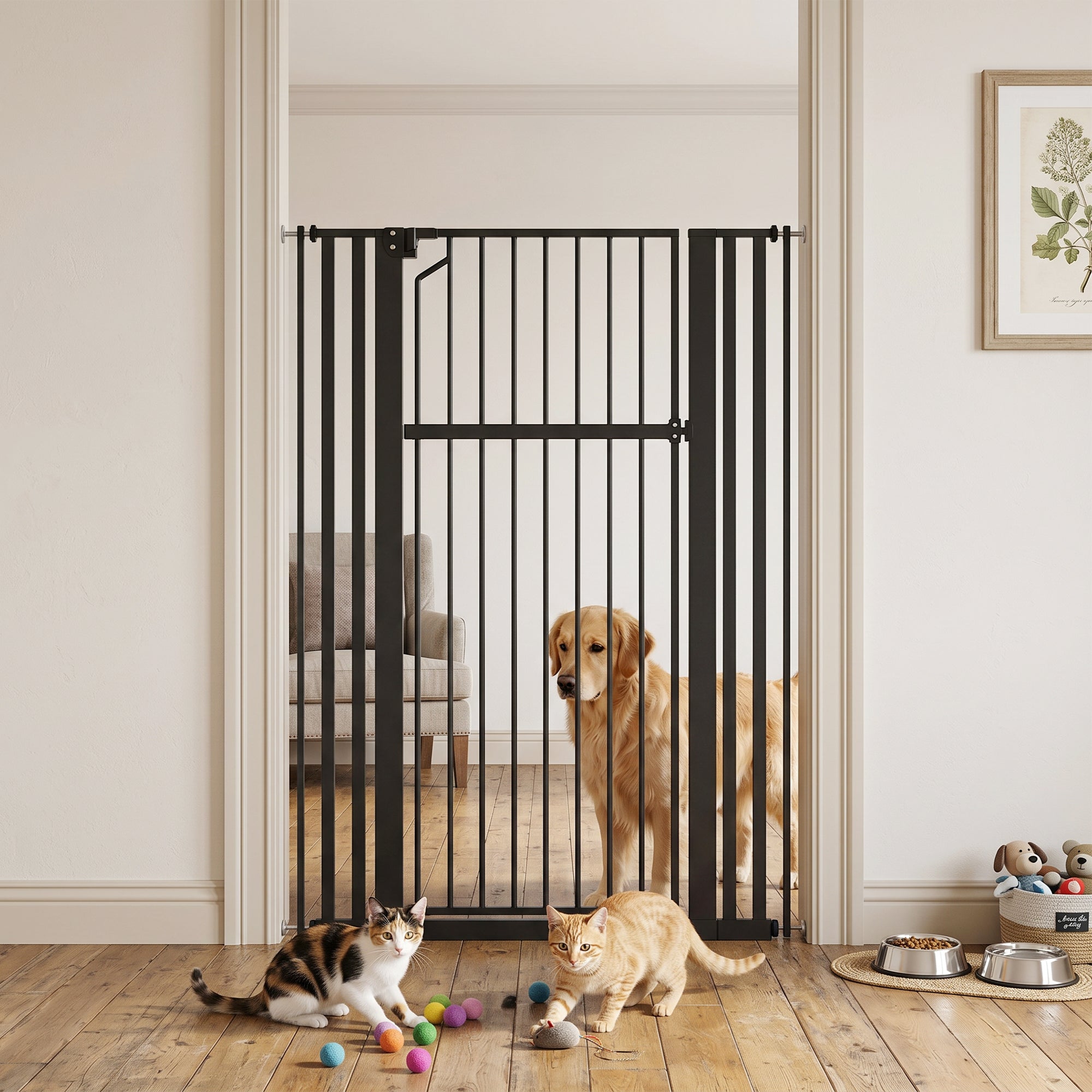 55" Extra Tall Pet Gate for Cats and Dogs, 30-41" Wide Adjustable Pressure Mounted Baby Gate for Doorways, Hallways, Stairs, Includes 2 Extensions, No Drilling, Auto Close