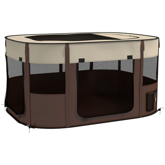 Dog Pen, Pet Playpen, Portable Foldable Dog Cat Playpen Soft Pet Cage with Storage Bag for Puppies, Rabbits, Kittens, Guinea Pigs, 114 x 89 x 59cm - Brown