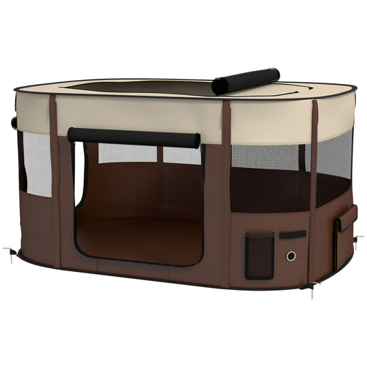 Dog Pen, Pet Playpen, Portable Foldable Dog Cat Playpen Soft Pet Cage with Storage Bag for Puppies, Rabbits, Kittens, Guinea Pigs, 114 x 89 x 59cm - Brown