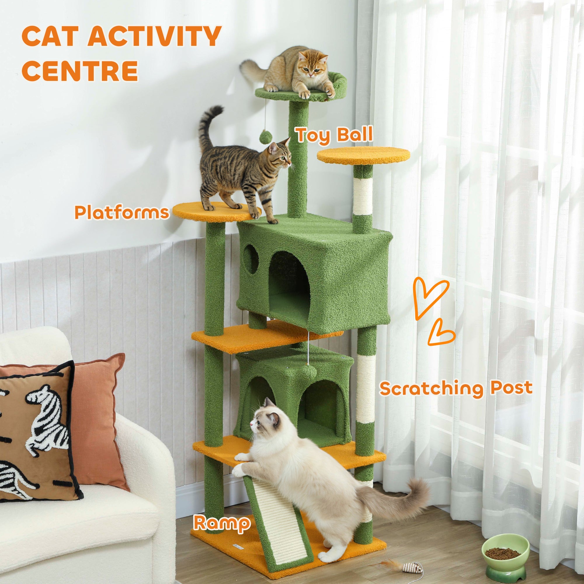 63" Cat Tree, Cat Tower for Indoor Cats with Scratching Posts, Cat Condos, Bed, Platforms, Ramp, Toy Ball, Cat Activity Center, Green