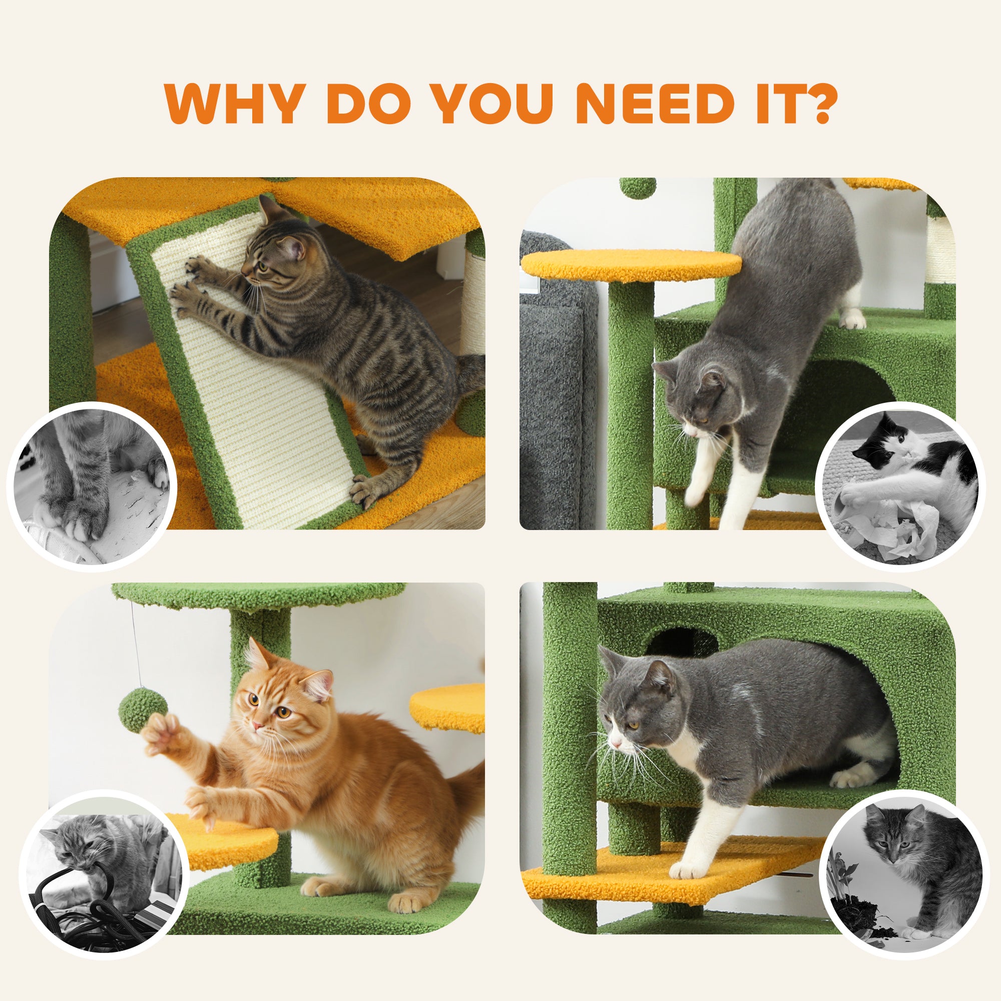 63" Cat Tree, Cat Tower for Indoor Cats with Scratching Posts, Cat Condos, Bed, Platforms, Ramp, Toy Ball, Cat Activity Center, Green