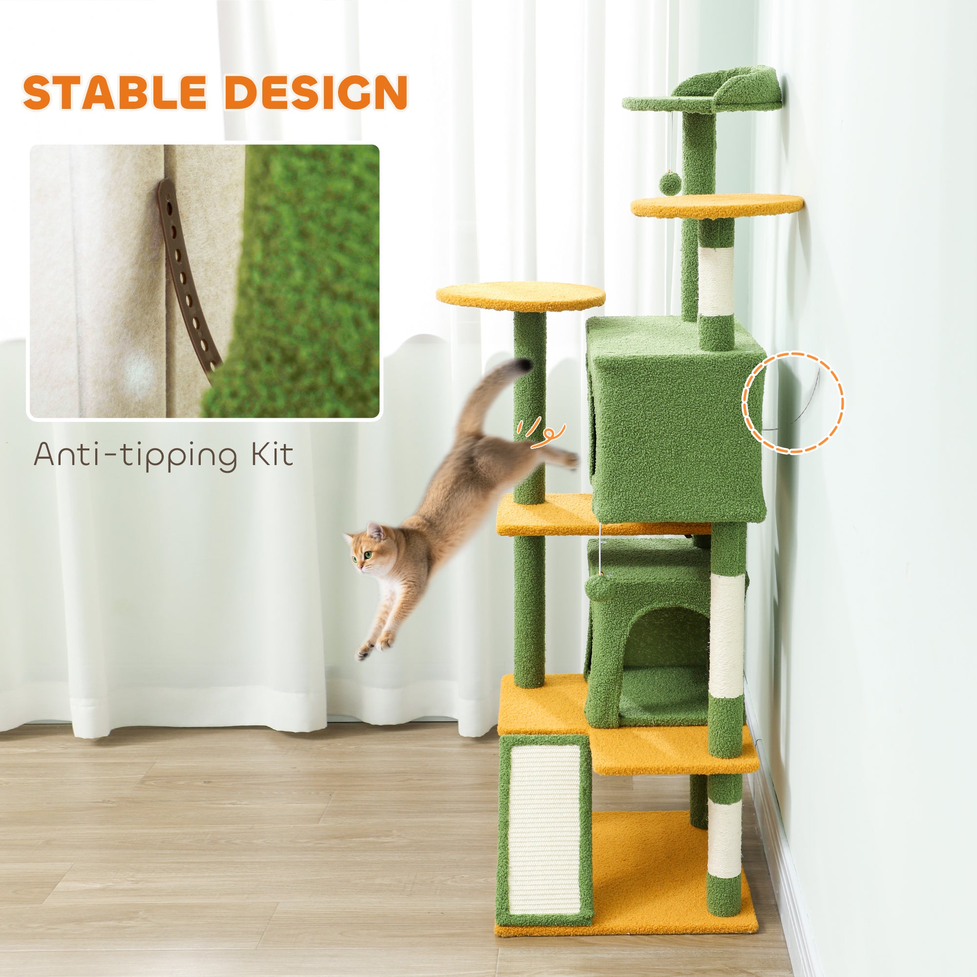 63" Cat Tree, Cat Tower for Indoor Cats with Scratching Posts, Cat Condos, Bed, Platforms, Ramp, Toy Ball, Cat Activity Center, Green