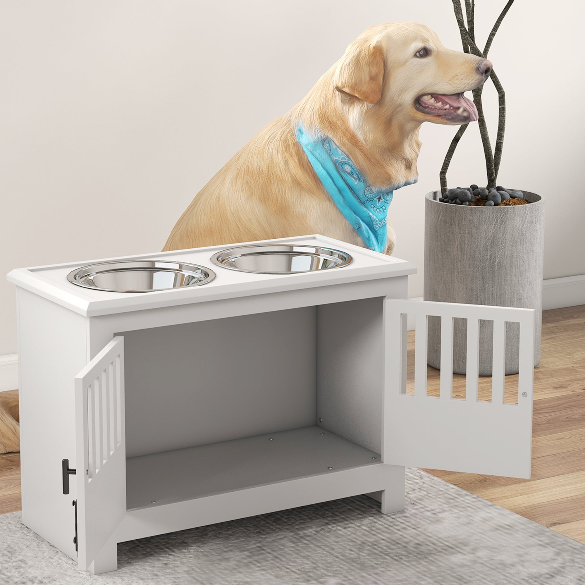 Raised Dog Bowls, Elevated Dog Feeder with 2 Stainless Bowls, Storage Cabinet, Door, for Extra Large Dogs, White