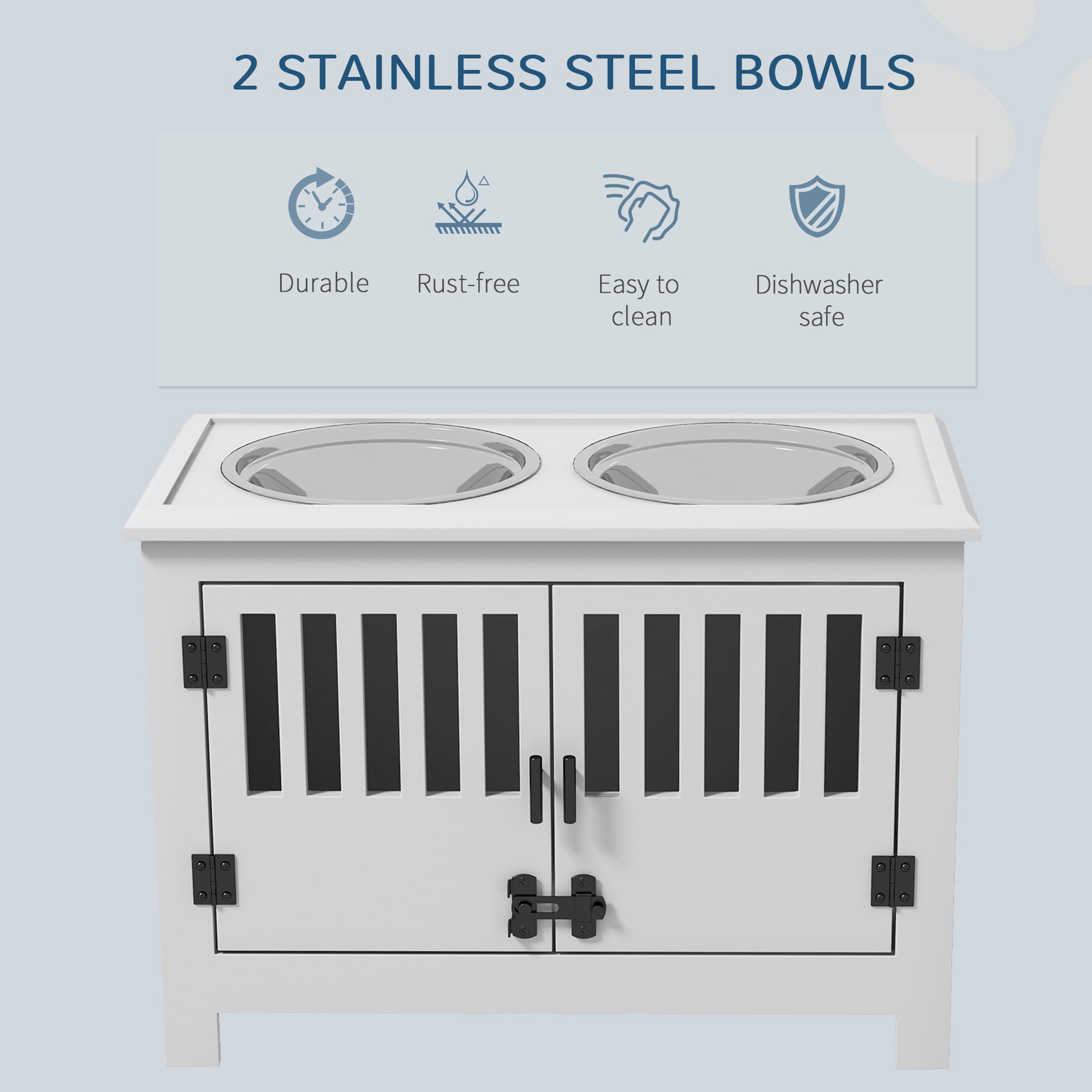 Raised Dog Bowls, Elevated Dog Feeder with 2 Stainless Bowls, Storage Cabinet, Door, for Extra Large Dogs, White
