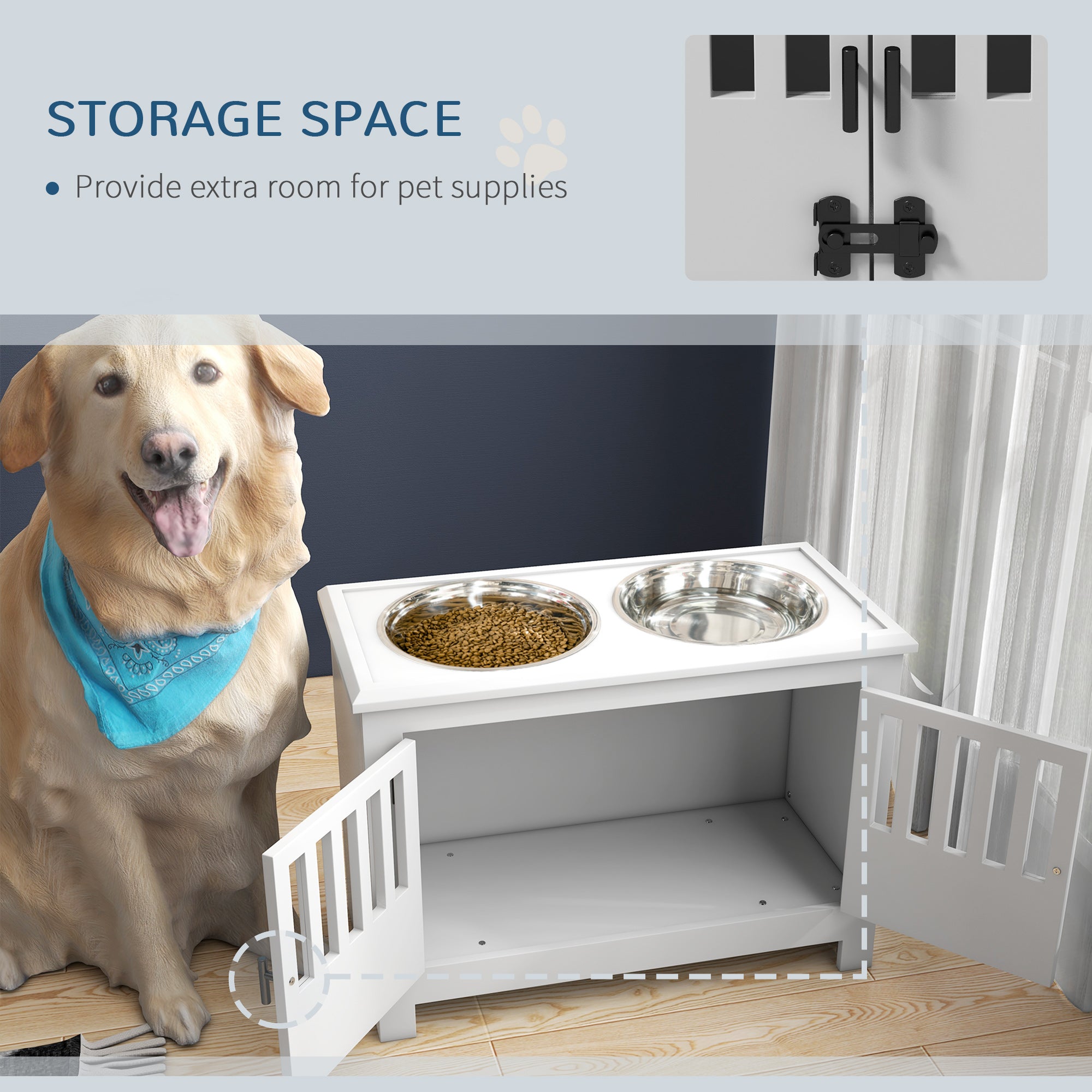 Raised Dog Bowls, Elevated Dog Feeder with 2 Stainless Bowls, Storage Cabinet, Door, for Extra Large Dogs, White