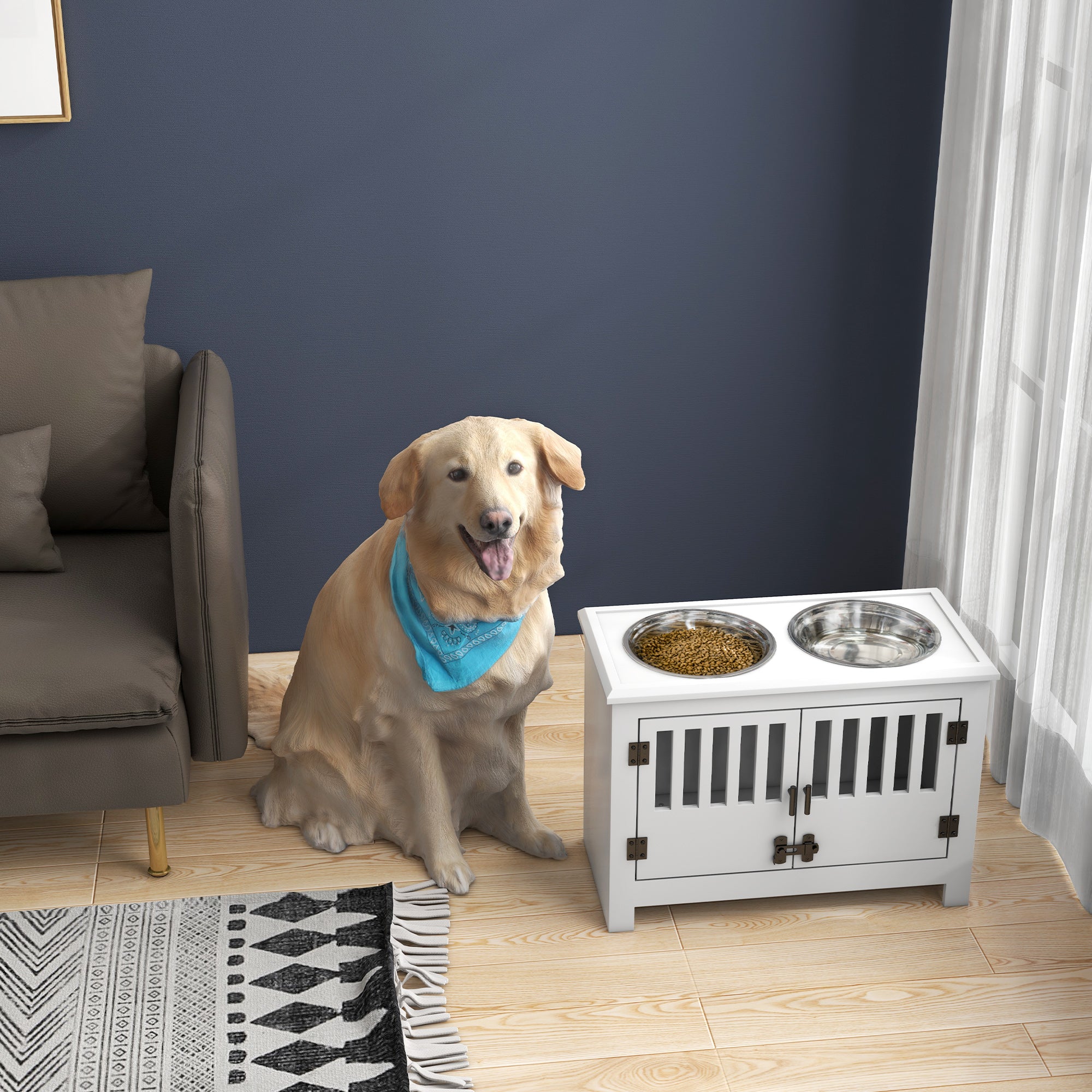Raised Dog Bowls, Elevated Dog Feeder with 2 Stainless Bowls, Storage Cabinet, Door, for Extra Large Dogs, White