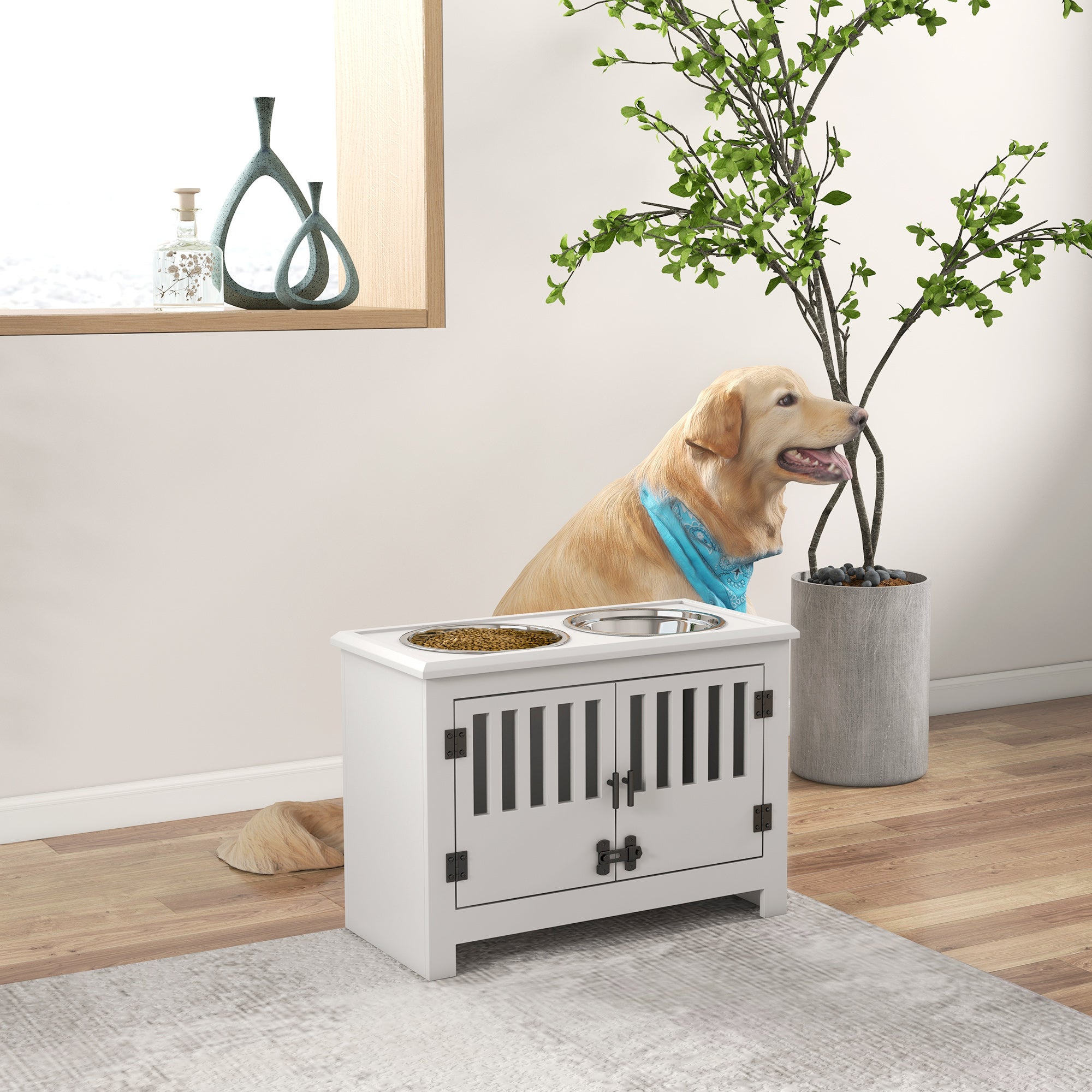 Raised Dog Bowls, Elevated Dog Feeder with 2 Stainless Bowls, Storage Cabinet, Door, for Extra Large Dogs, White