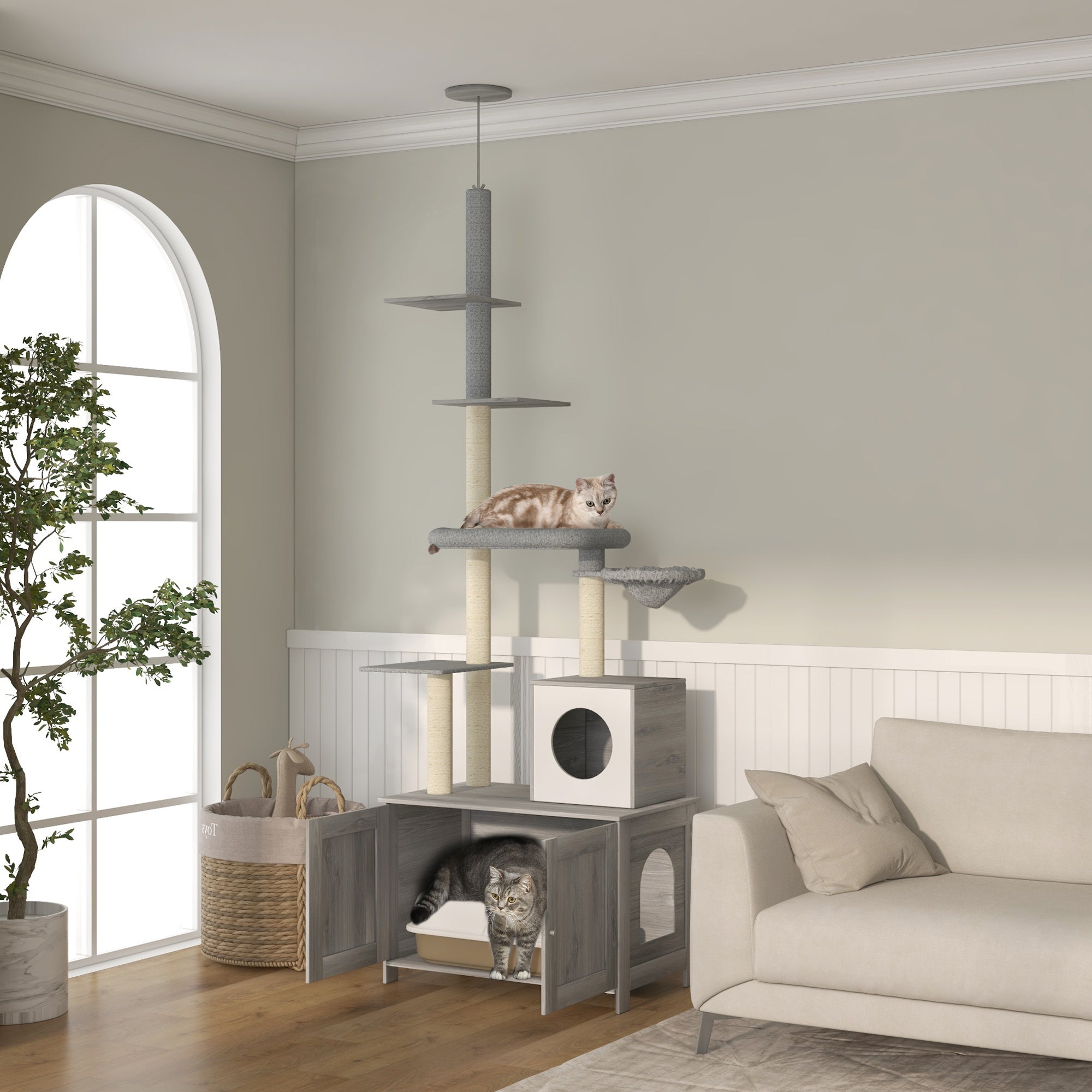 Cat Tree with Hidden Litter Box, 2-in-1 Floor-to-Ceiling Cat Litter Box Furniture with Cat House, Bed, Hammock, Scratching Posts and Platforms for Indoor Use - Grey