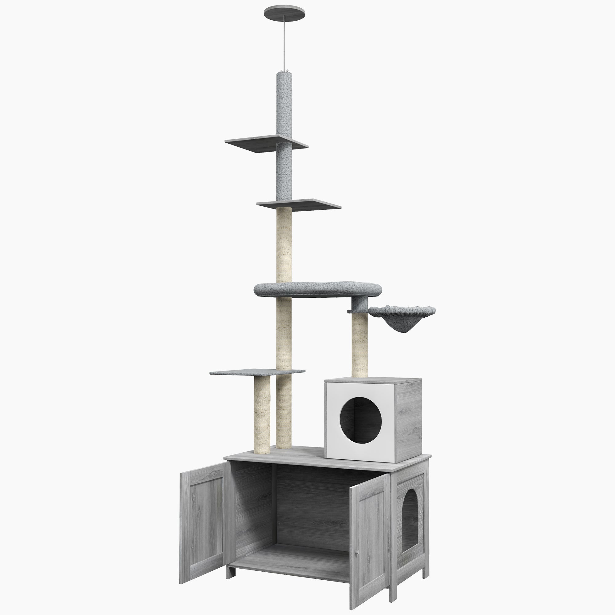 Cat Tree with Hidden Litter Box, 2-in-1 Floor-to-Ceiling Cat Litter Box Furniture with Cat House, Bed, Hammock, Scratching Posts and Platforms for Indoor Use - Grey