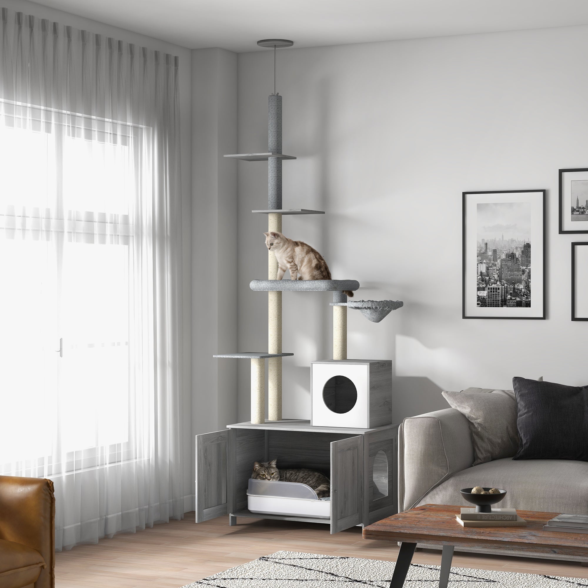 Cat Tree with Hidden Litter Box, 2-in-1 Floor-to-Ceiling Cat Litter Box Furniture with Cat House, Bed, Hammock, Scratching Posts and Platforms for Indoor Use - Grey
