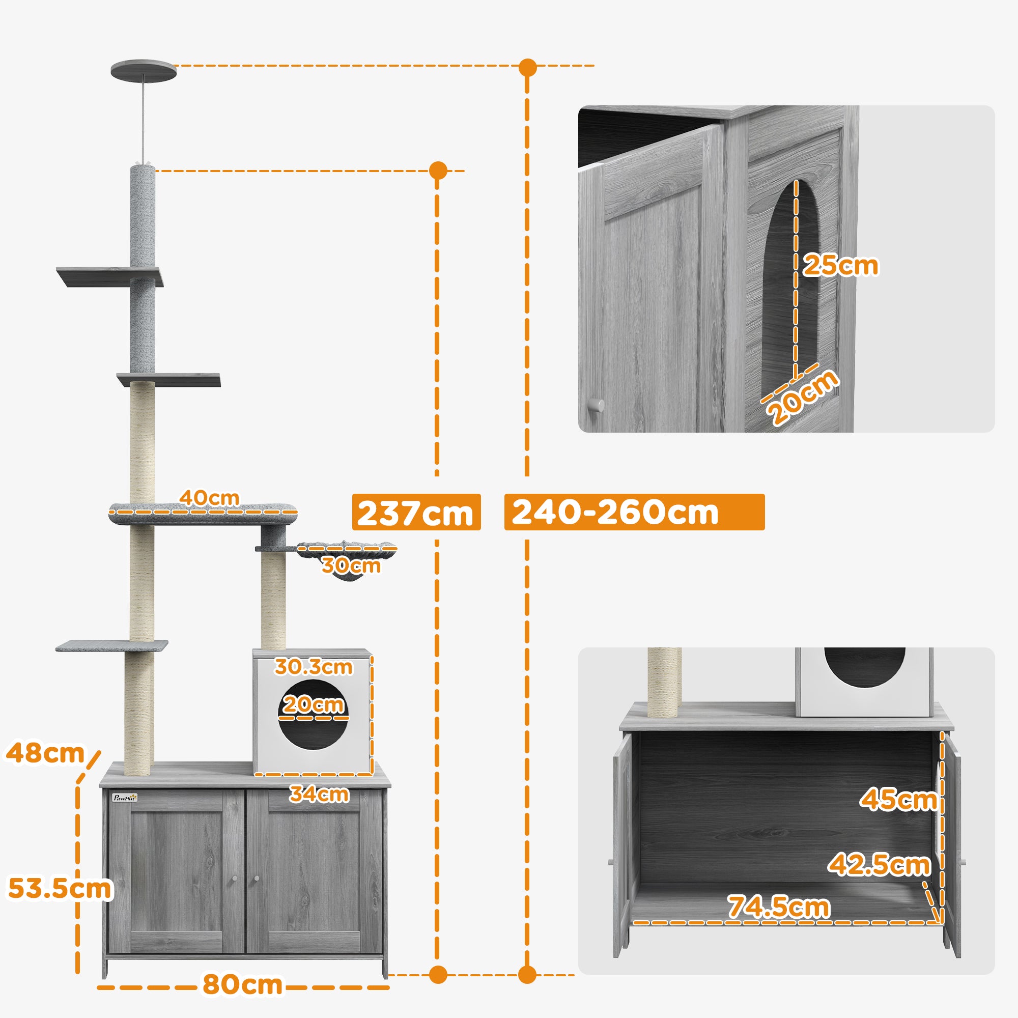 Cat Tree with Hidden Litter Box, 2-in-1 Floor-to-Ceiling Cat Litter Box Furniture with Cat House, Bed, Hammock, Scratching Posts and Platforms for Indoor Use - Grey