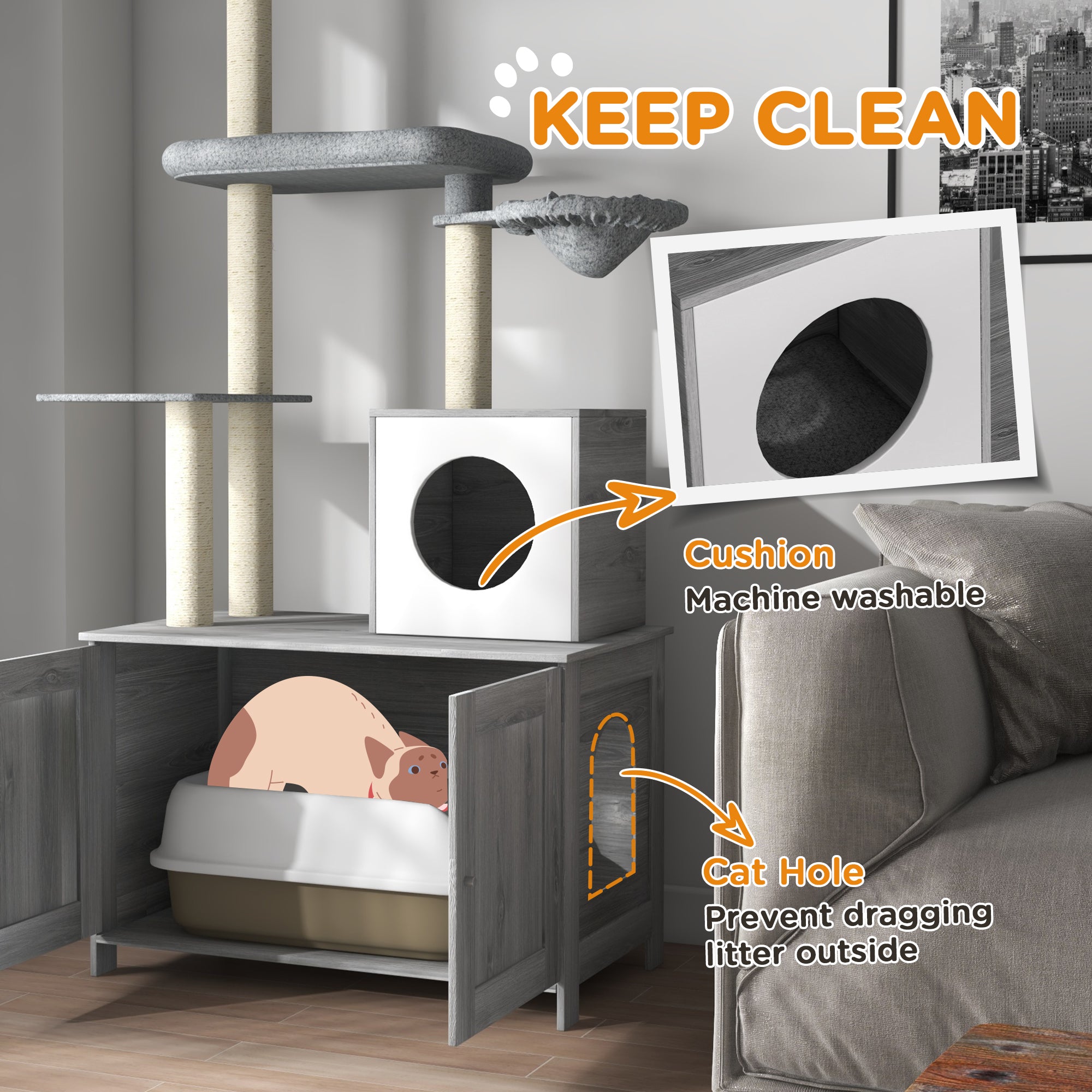 Cat Tree with Hidden Litter Box, 2-in-1 Floor-to-Ceiling Cat Litter Box Furniture with Cat House, Bed, Hammock, Scratching Posts and Platforms for Indoor Use - Grey