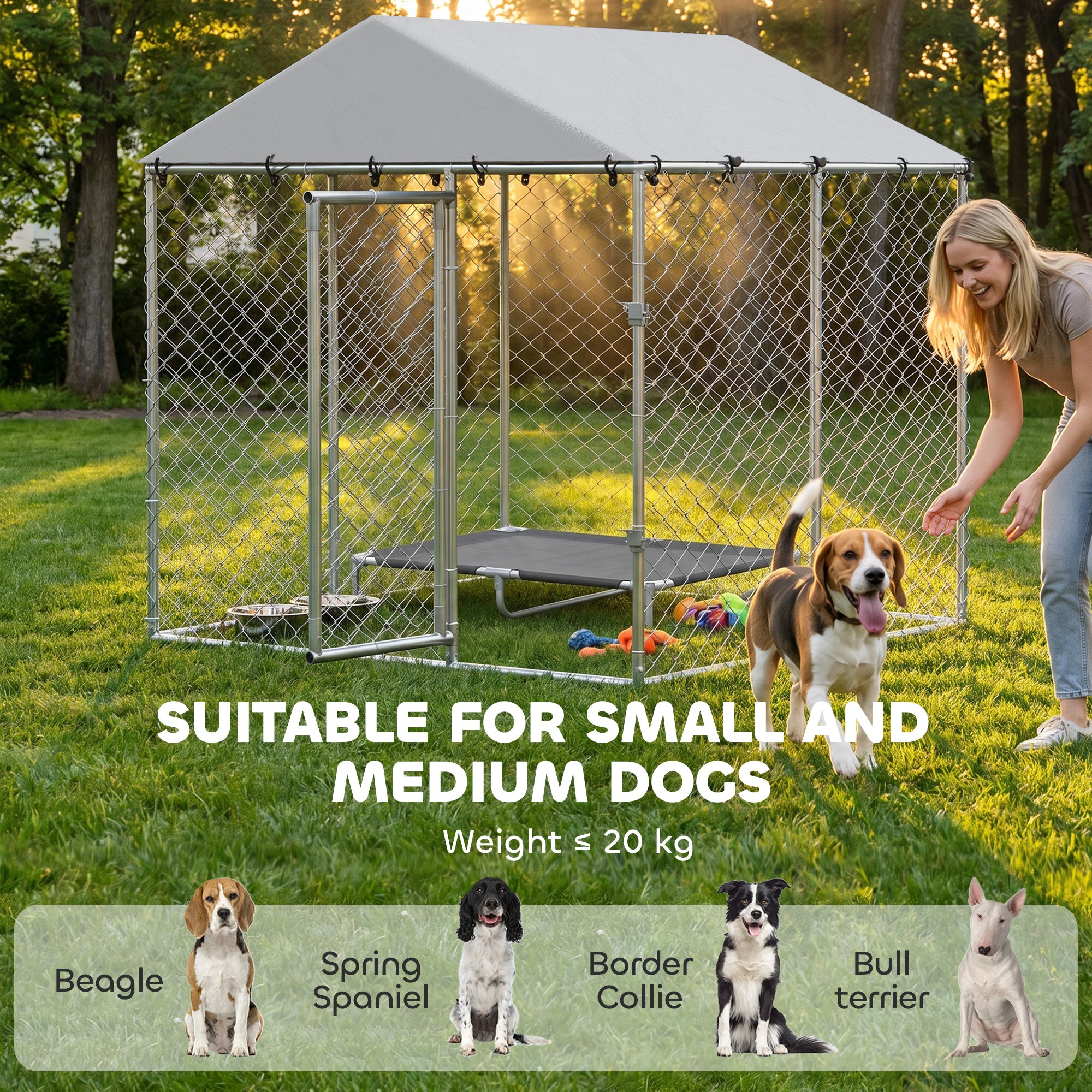 Outdoor Dog Kennel Dog Run with Water and UV Resistant Cover for Small and Medium Sized Pets, 6.6' x 6.6' x 6.6', Silver