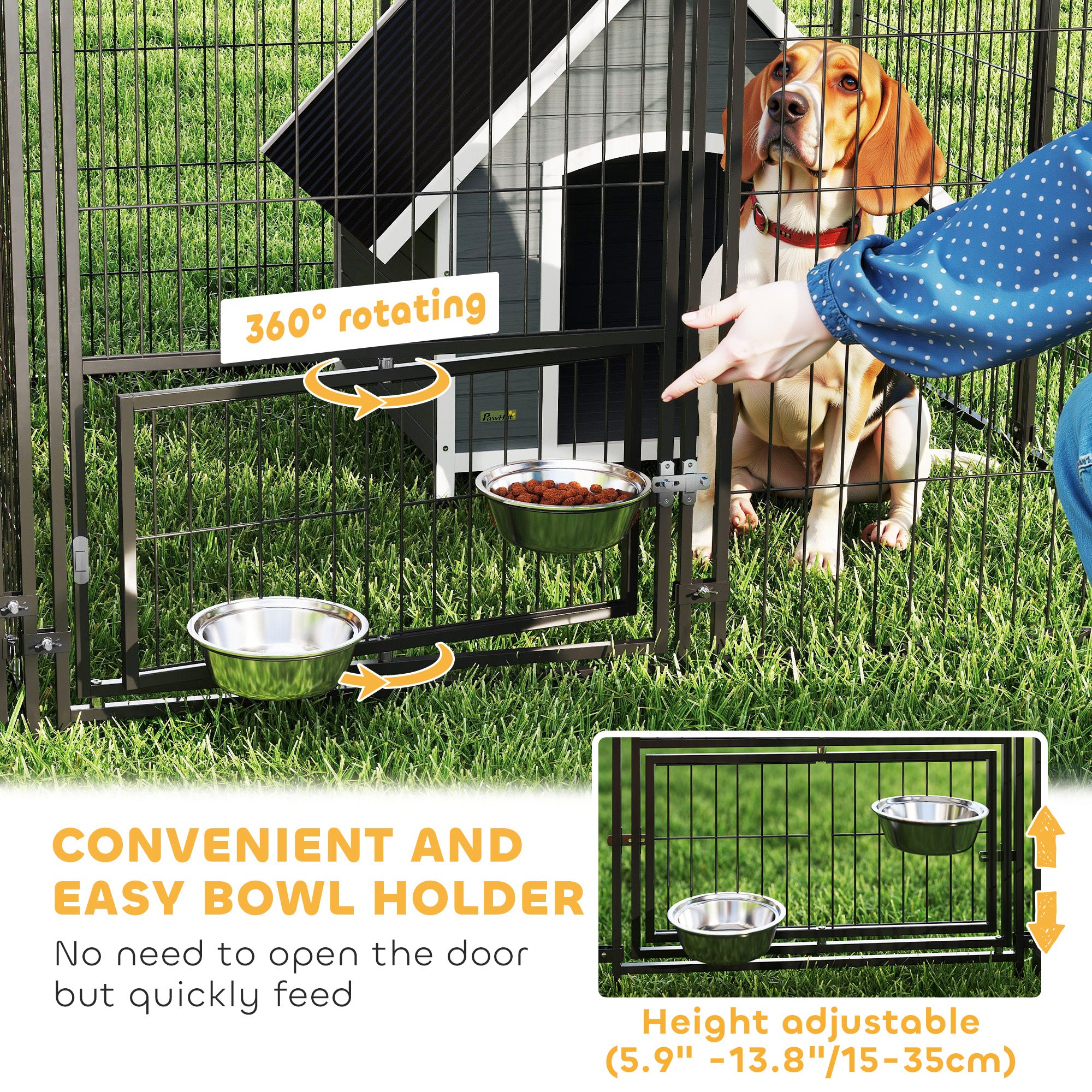 Outdoor Dog Kennel with 2 Rooms, Heavy Duty Dog Run with Rotating and Adjustable Height Bowls, Waterproof UV-Resistant Cover for Large Breeds, Ducks, 13.5' x 9.5' x 5'