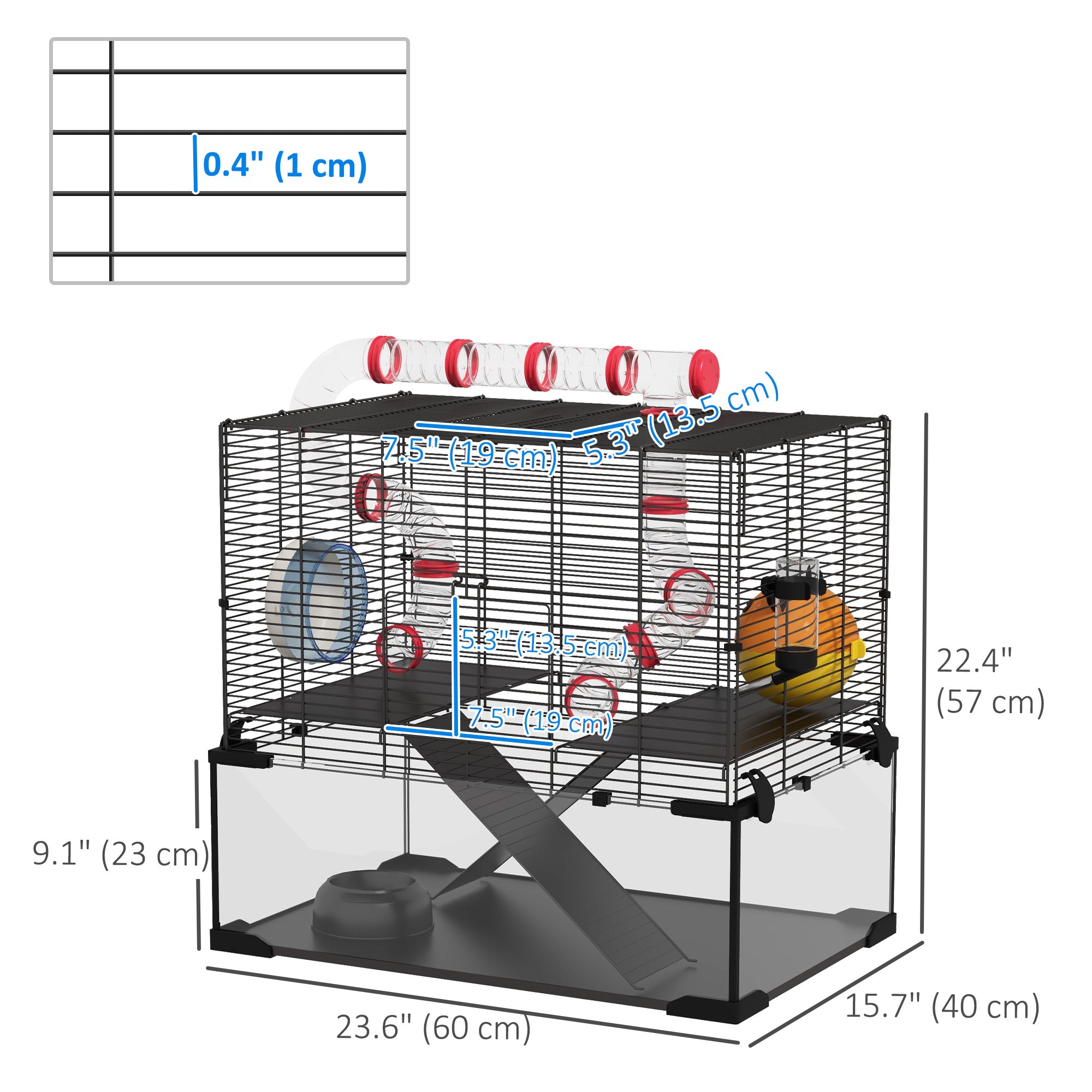 Hamster Cage, Gerbil Cage with Glass Basin, Tunnel Tube System, Ramps, Platforms, Hut, Exercise Wheel, Water Bottle, Dish, for Syrian and Dwarf Hamsters, 24" x 16" x 22"