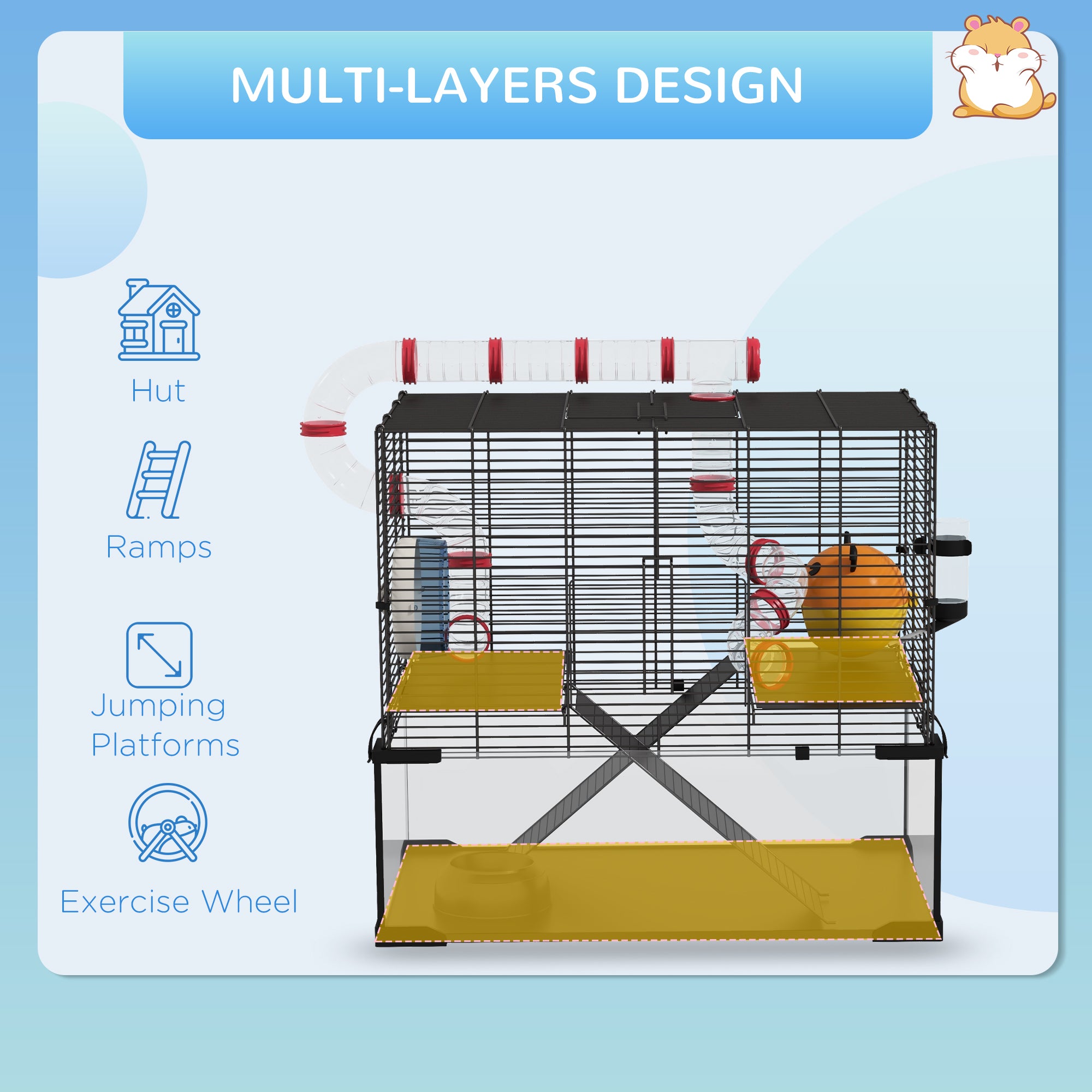 Large Hamster Cage, Gerbil Cage with Deep Glass Bottom, Tunnels, Non-Slip Ramps, Exercise Wheels, Water Bottle, Dish, 60 x 40 x 57cm