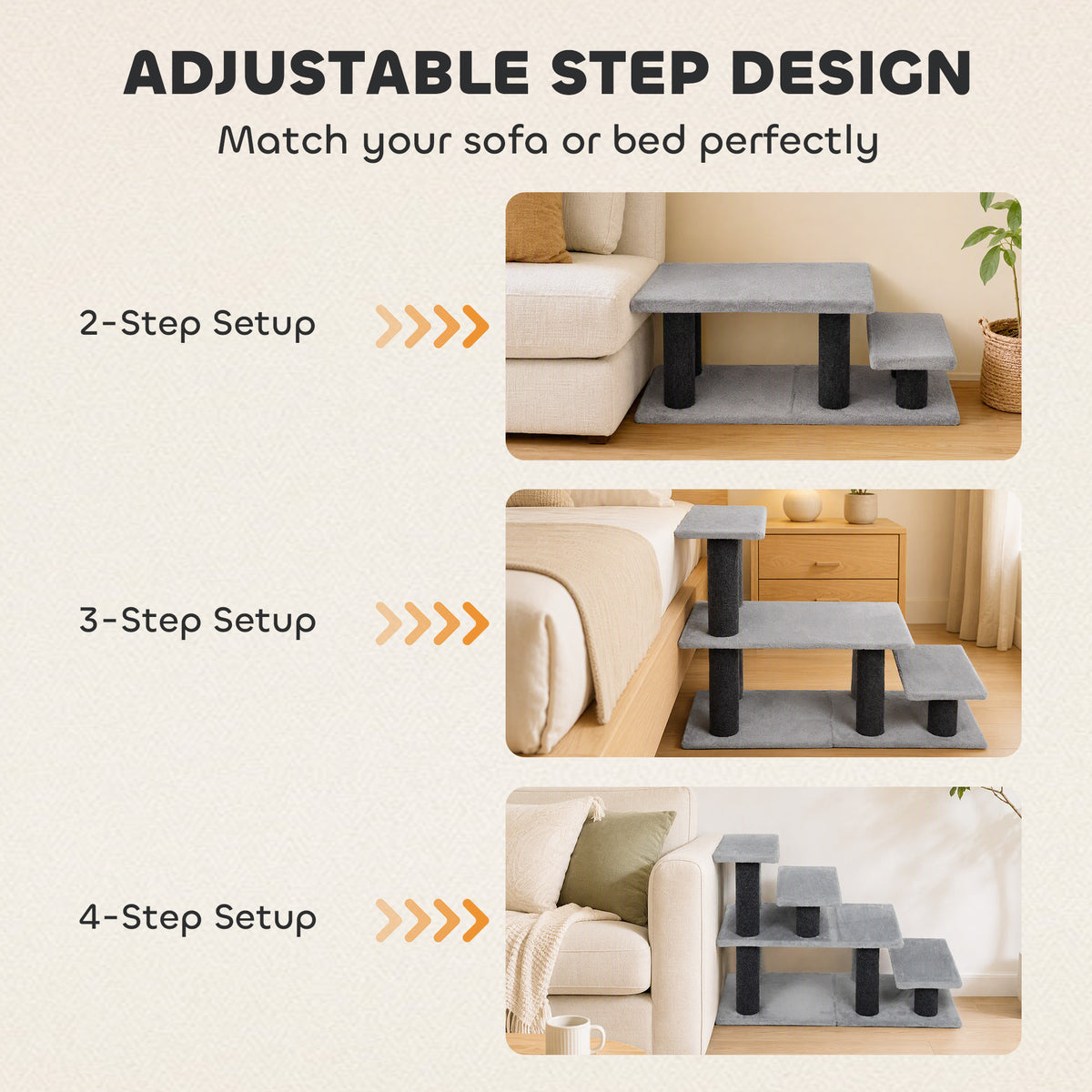 Pet Stairs, Cat Stairs with 2/3/4-Step Flexible Setup for Bed, Sofa, Pet Steps with Scratching Posts for Indoor Cats/Dogs to Climb High Bed and Couch, Gray