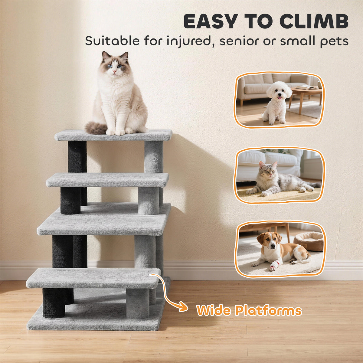 Pet Stairs, Cat Stairs with 2/3/4-Step Flexible Setup for Bed, Sofa, Pet Steps with Scratching Posts for Indoor Cats/Dogs to Climb High Bed and Couch, Gray