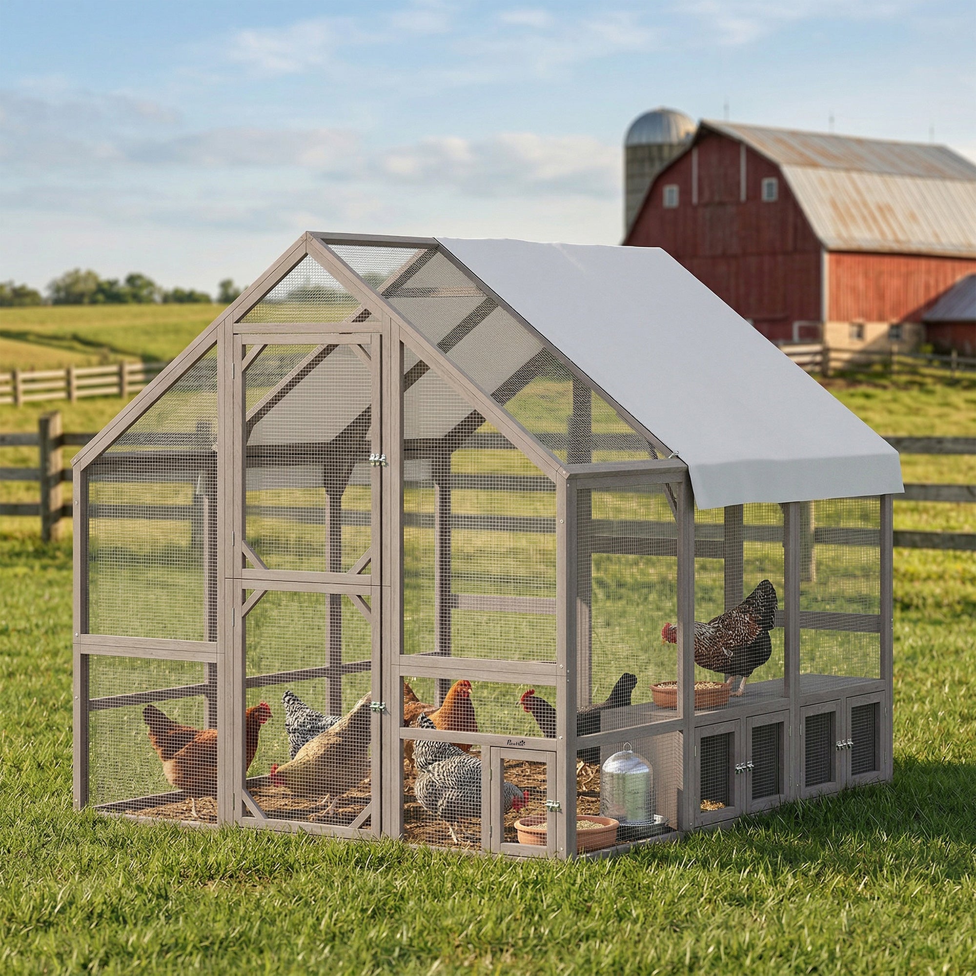 Large Wooden Chicken Coop for 8-10 Hens, Walk-in Chicken Run with Waterproof Cover, Nesting Boxes and Perches, Outdoor Poultry Cage Rabbit Hutch for Backyard, 83" x 73" x 73", Light Brown