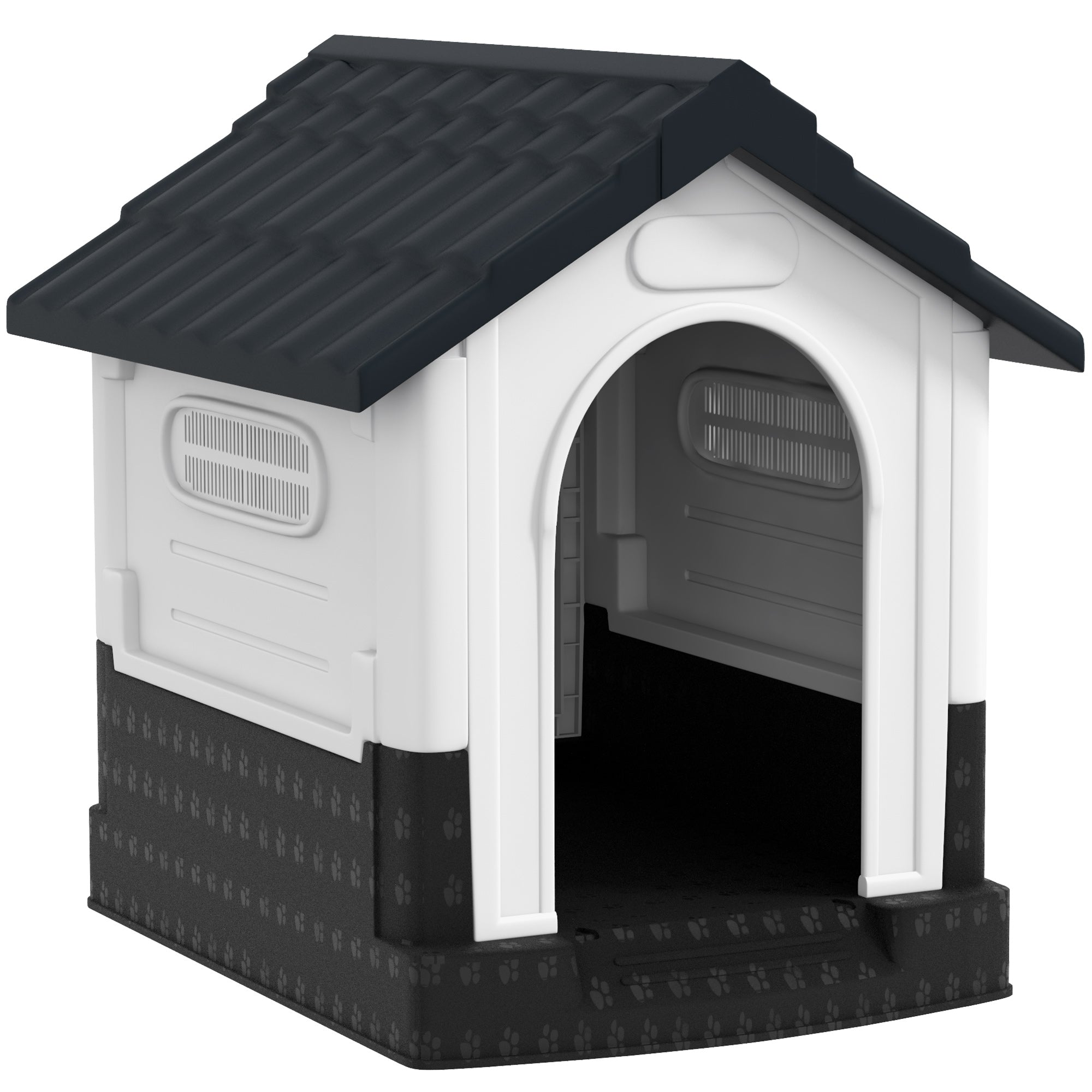 Outdoor Dog House, Plastic Dog Kennel, Water-Resistant Pet Shelter with Windows, Base Support for Garden Patio, Miniature Dogs, 25" x 22" x 26" - Dark Grey