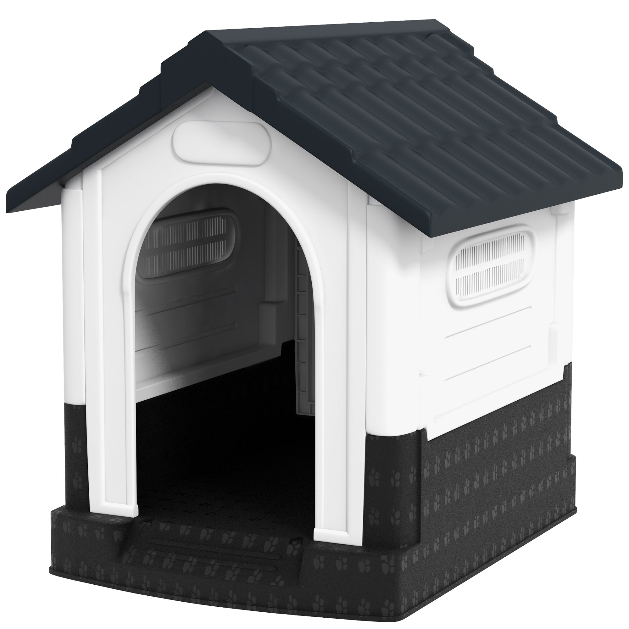 Outdoor Dog House, Plastic Dog Kennel, Water-Resistant Pet Shelter with Windows, Base Support for Garden Patio, Miniature Dogs, 25" x 22" x 26" - Dark Grey