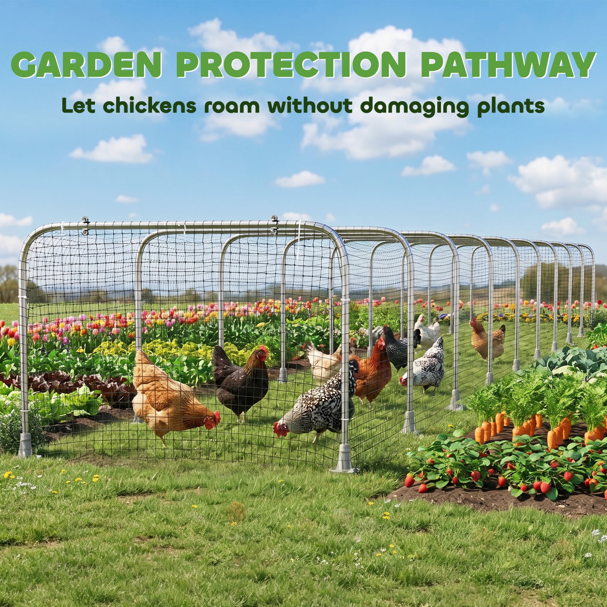 Extra Long Chicken Tunnel for Outside, 354" x 39" Galvanized Steel Chicken Run with Nylon Netting, 10 Arches for 10-15 Chickens or Ducks, Backyard Farm Yard, Silver