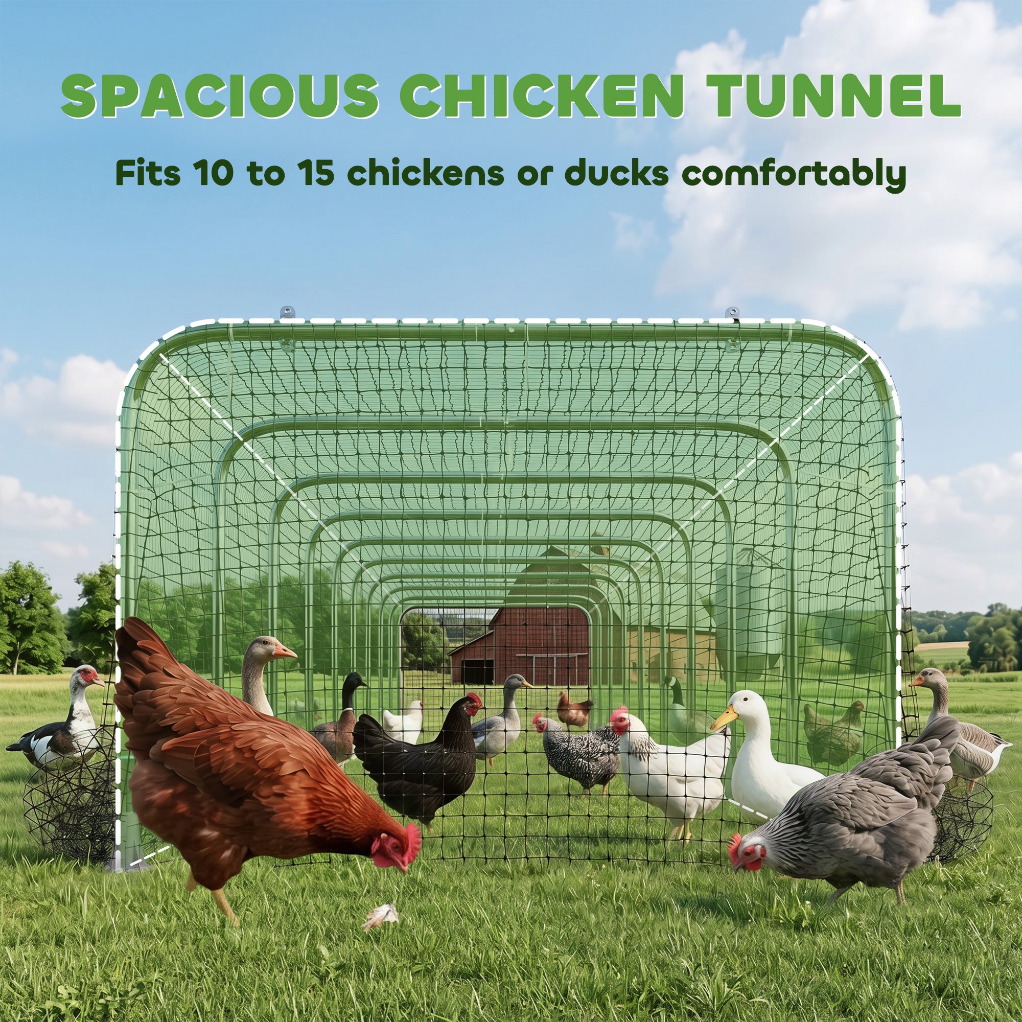 Extra Long Chicken Tunnel for Outside, 354" x 39" Galvanized Steel Chicken Run with Nylon Netting, 10 Arches for 10-15 Chickens or Ducks, Backyard Farm Yard, Silver