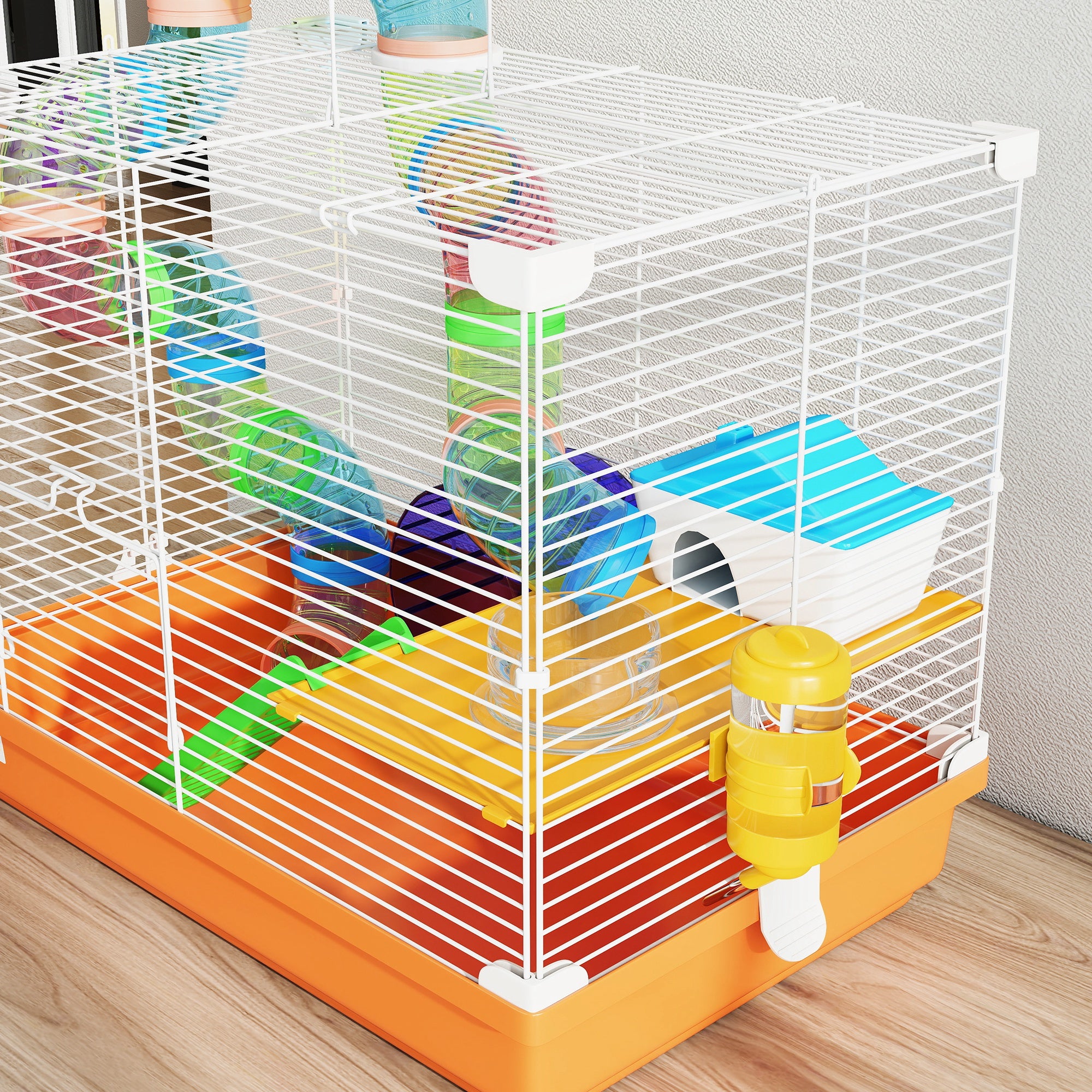 18"L Hamster Cage, Small Animal House, 2-Level Rat Gerbil Haven with Tunnel Tube System, Exercise Wheel, Water Bottle, Food Dish, Ramp, Orange