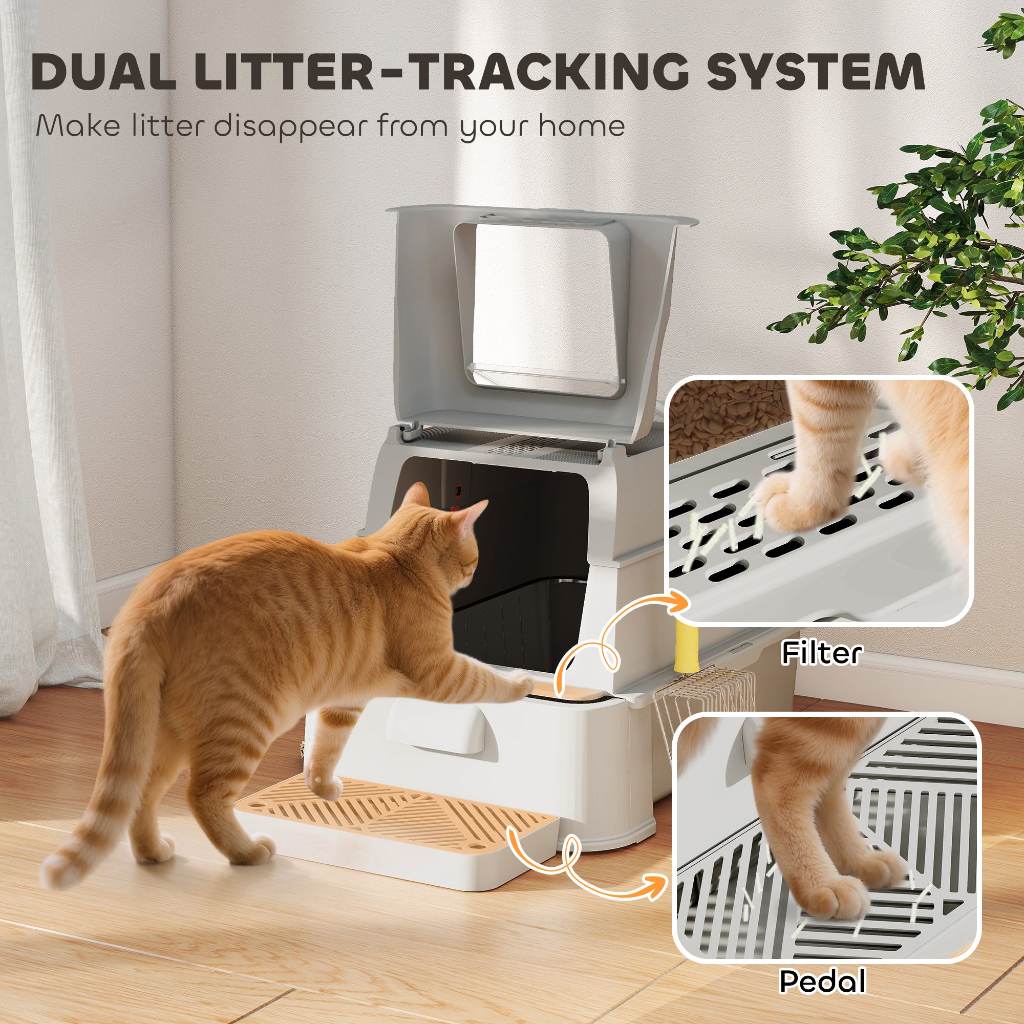 80L Stainless Steel Cat Litter Box with Lid, XL Metal Litter Box for Big Cats with 180° Flip Cover, Pull-Out Drawer Tray, High Sided, Pedal, Metal Scoop, Light Grey
