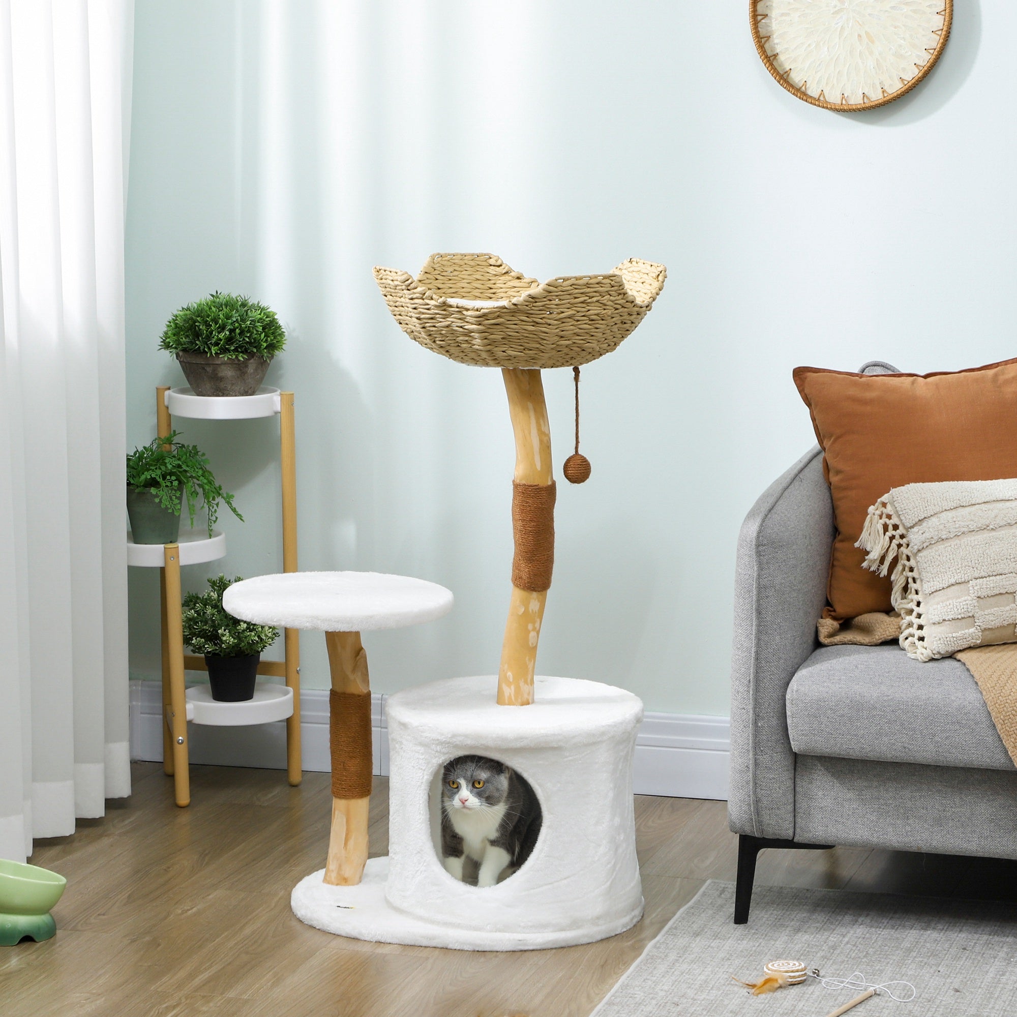 Modern Real Wood Cat Tree, [40"=102CM] Cat Tree for Indoor Large Adult Kittens, Cat Tower with Sisal Scratching Posts, Condo, Perch, Plush Washable Cushion, White