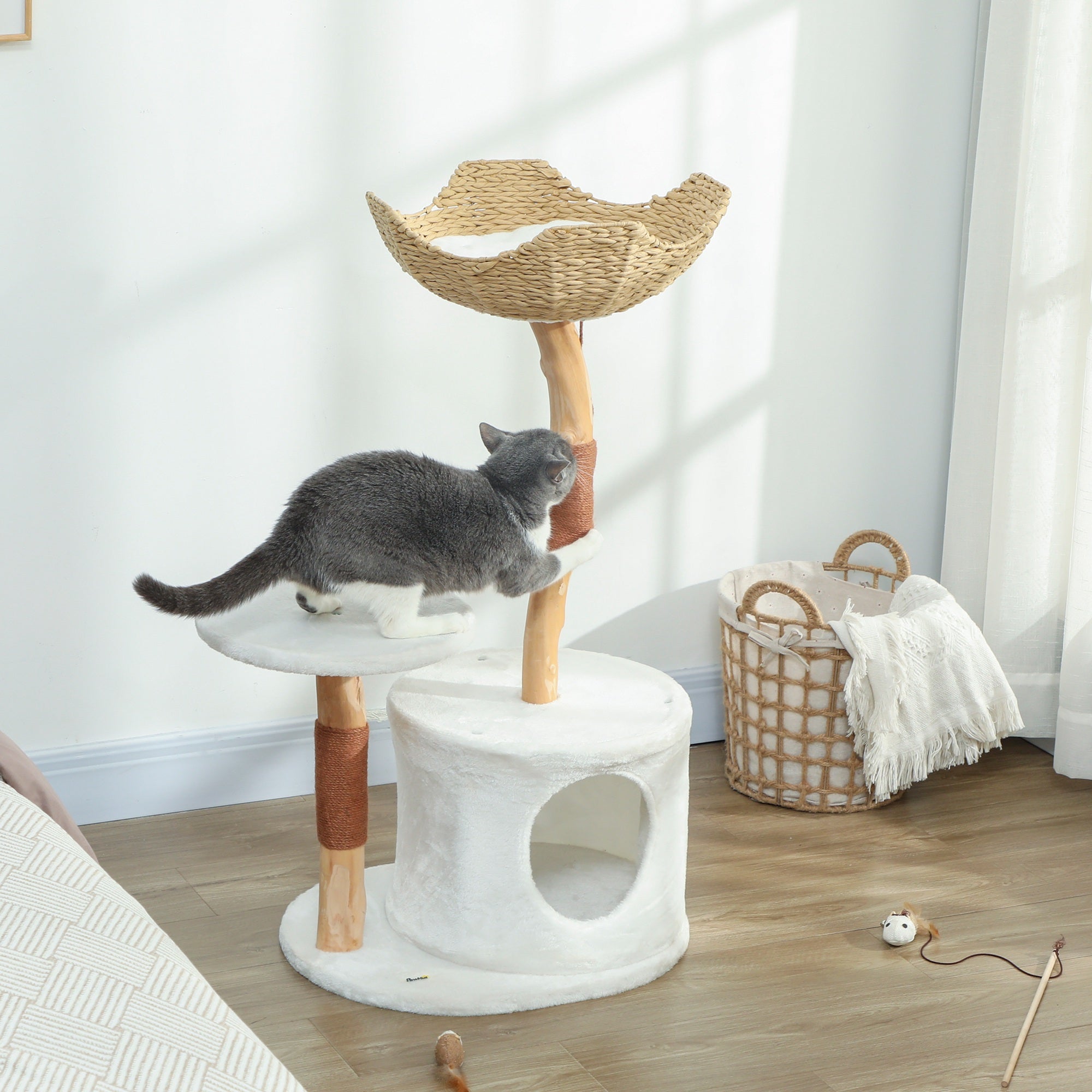 Modern Real Wood Cat Tree, [40"=102CM] Cat Tree for Indoor Large Adult Kittens, Cat Tower with Sisal Scratching Posts, Condo, Perch, Plush Washable Cushion, White