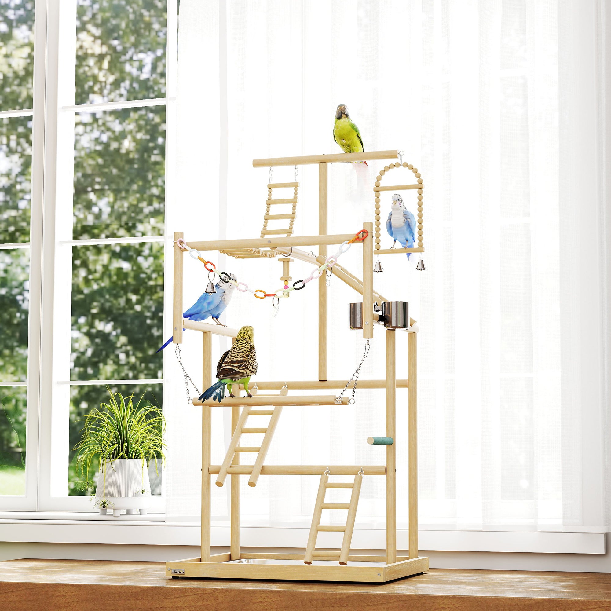 Parrot Play Stand, 95 cm Wooden Bird Playground with Ladders, Chain Toy, Stainless Steel Cups and Tray, Bird Cage Accessories for Parakeets, Cockatiels, Finches, Lovebirds, Budgie