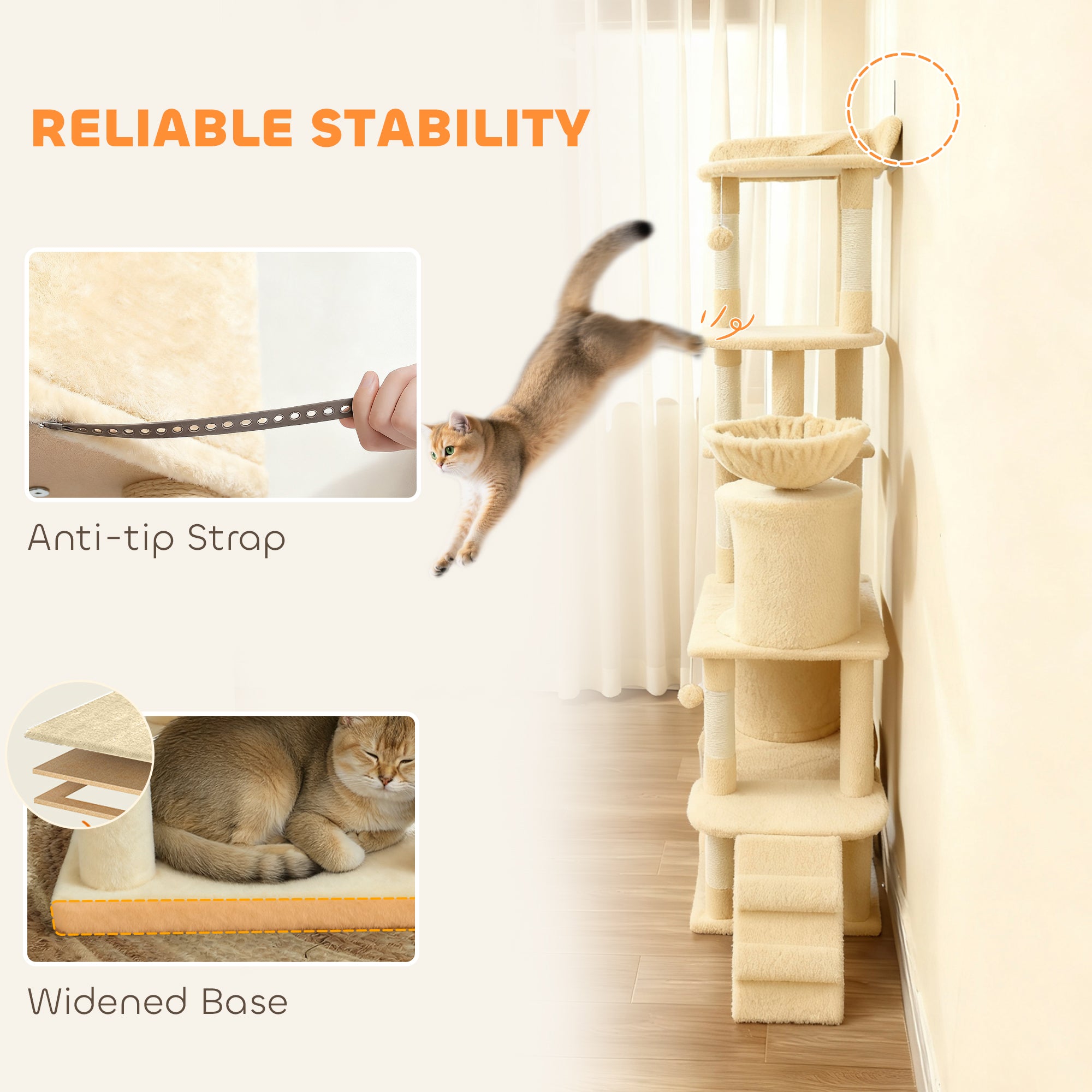 Cat Tree, 67" Large Cat Tower for Indoor Kittens Multi-Level with 7 Scratching Posts, Tunnel, 2 Plush Condos, Hammock, Perch, Ramp, Pompoms, Beige