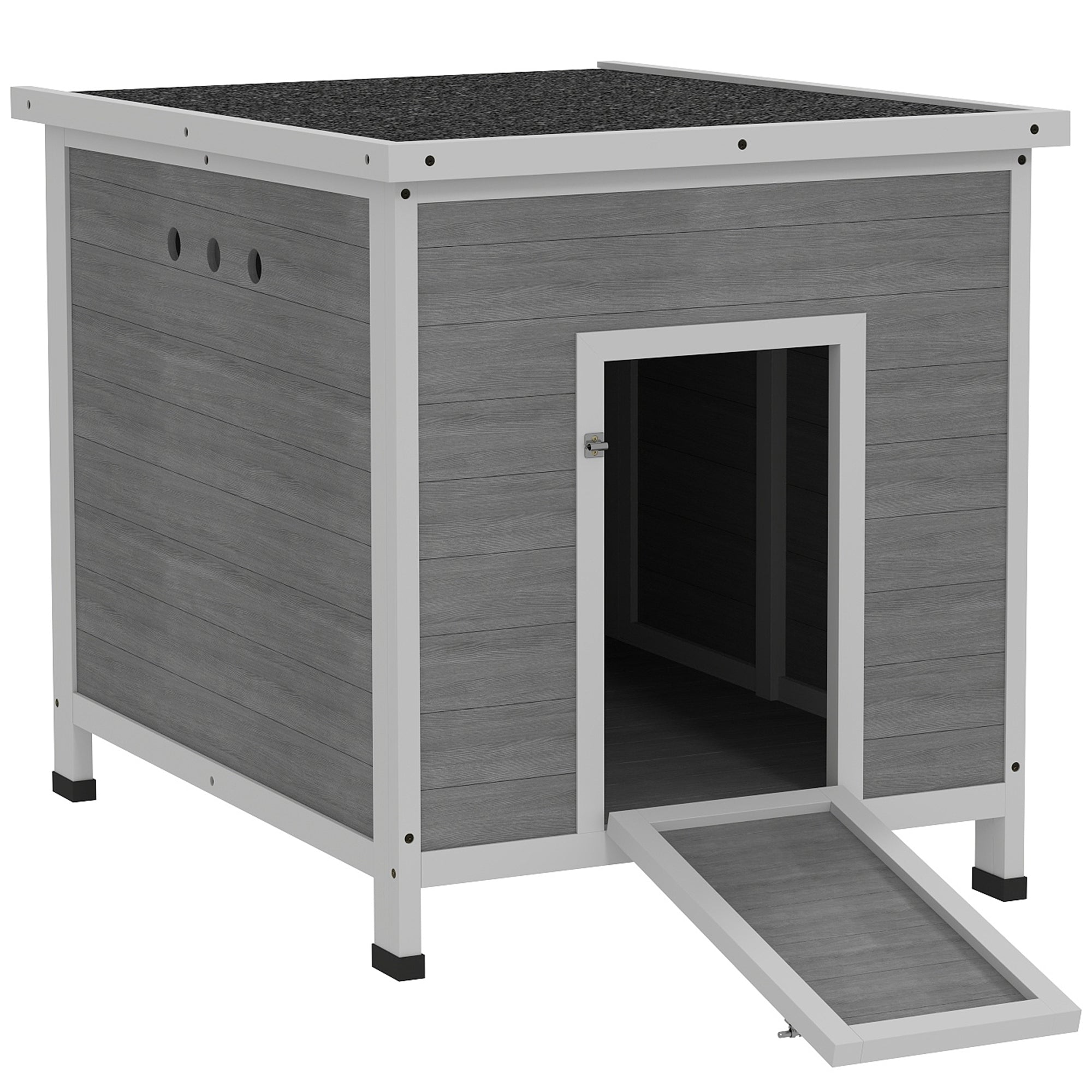 Wooden Duck House, Raised Poultry Coop with Ramp, Double Doors, Openable Asphalt Roof, Ventilation Holes, Removable Base, for 2-4 Ducks, Chickens, Geese, Light Grey