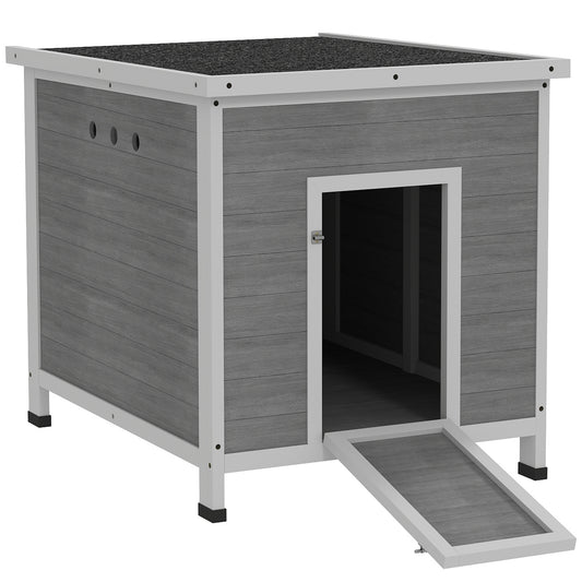Wooden Duck House, Raised Poultry Coop with Ramp, Double Doors, Openable Asphalt Roof, Ventilation Holes, Removable Base, for 2-4 Ducks, Chickens, Geese, Light Grey
