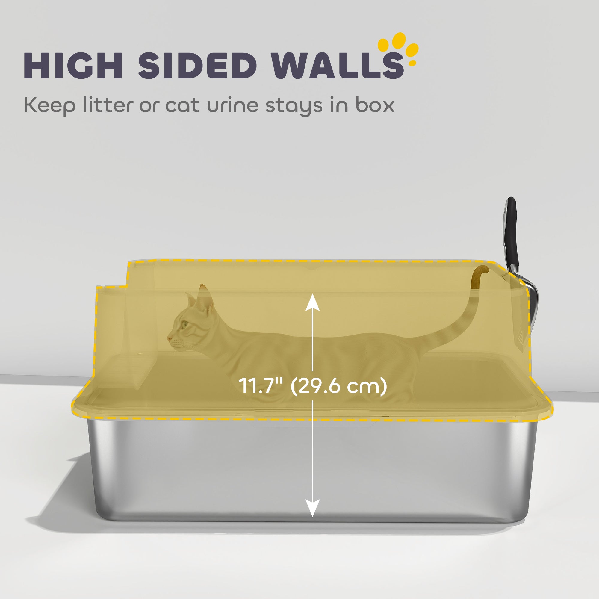 Stainless Steel Cat Litter Box, XL Kitty Litter Box for Big and Multiple Cats with High Wall Side, Scoop, Anti-Leakage, Easy Cleaning & Odor Free