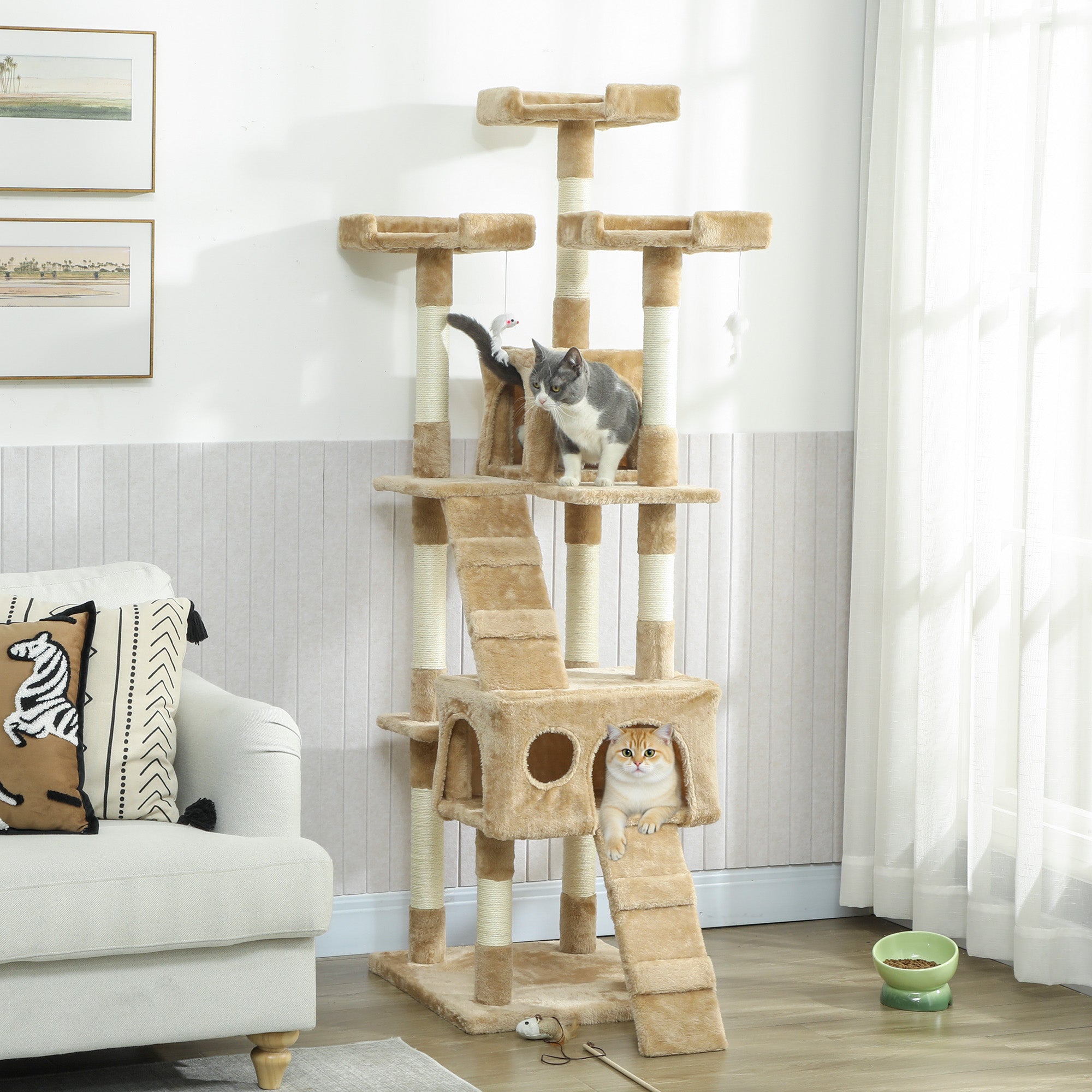 68 inches Cat Tree, Multi-Level Large Cat Tower Condo with Scratching Posts, Perches, Cat Houses, Dangling Toy, Light Brown