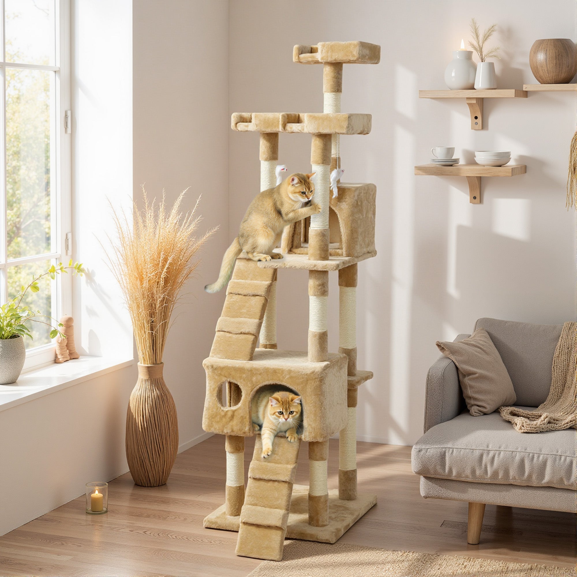68 inches Cat Tree, Multi-Level Large Cat Tower Condo with Scratching Posts, Perches, Cat Houses, Dangling Toy, Light Brown