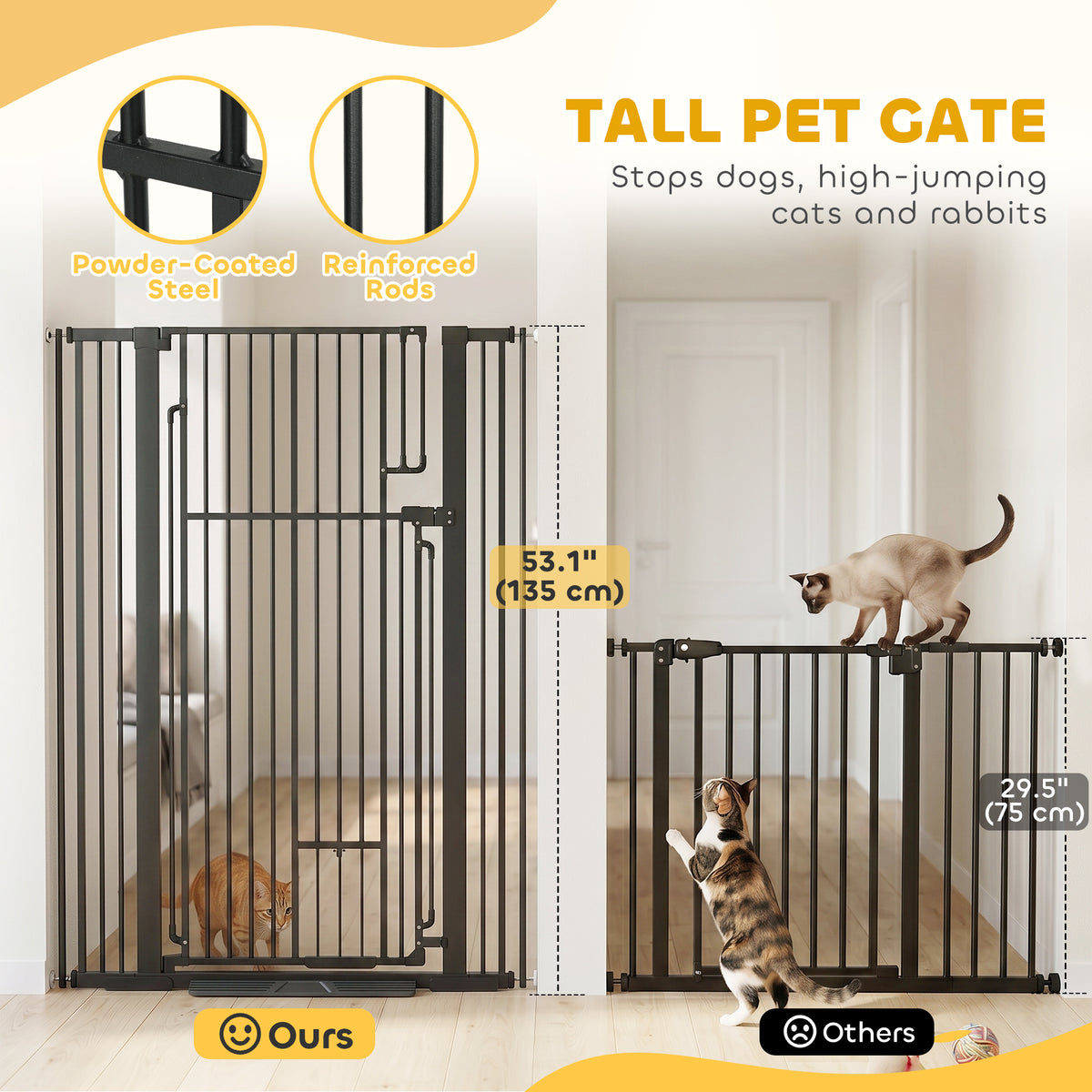 53.1" Tall Pet Gate with Cat Door, 32"-42.5" Wide Adjustable Pressure Mounted Dog Gate for Doorways, Hallways, Stairs, Includes 2 Extensions, No Drilling, Black