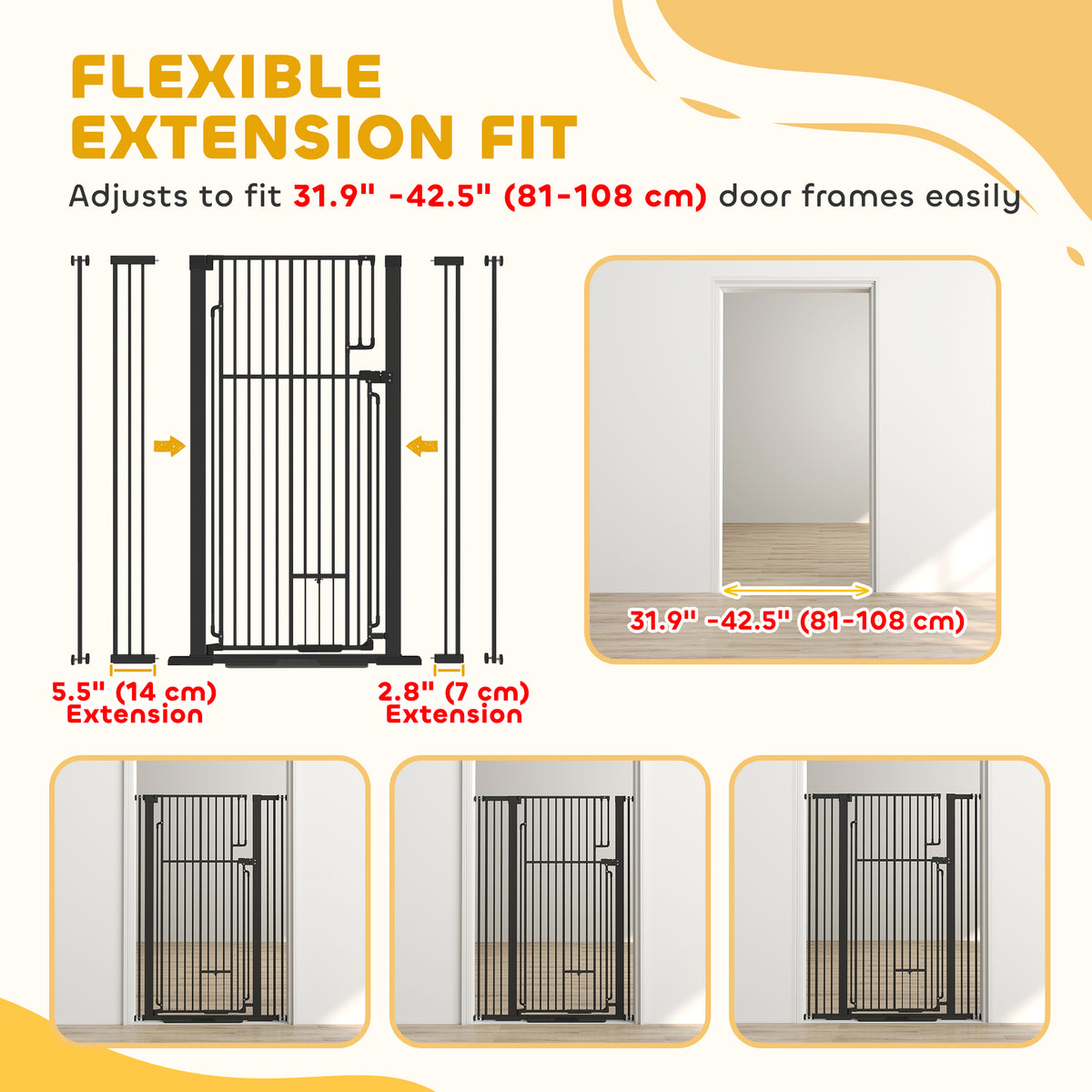 53.1" Tall Pet Gate with Cat Door, 32"-42.5" Wide Adjustable Pressure Mounted Dog Gate for Doorways, Hallways, Stairs, Includes 2 Extensions, No Drilling, Black