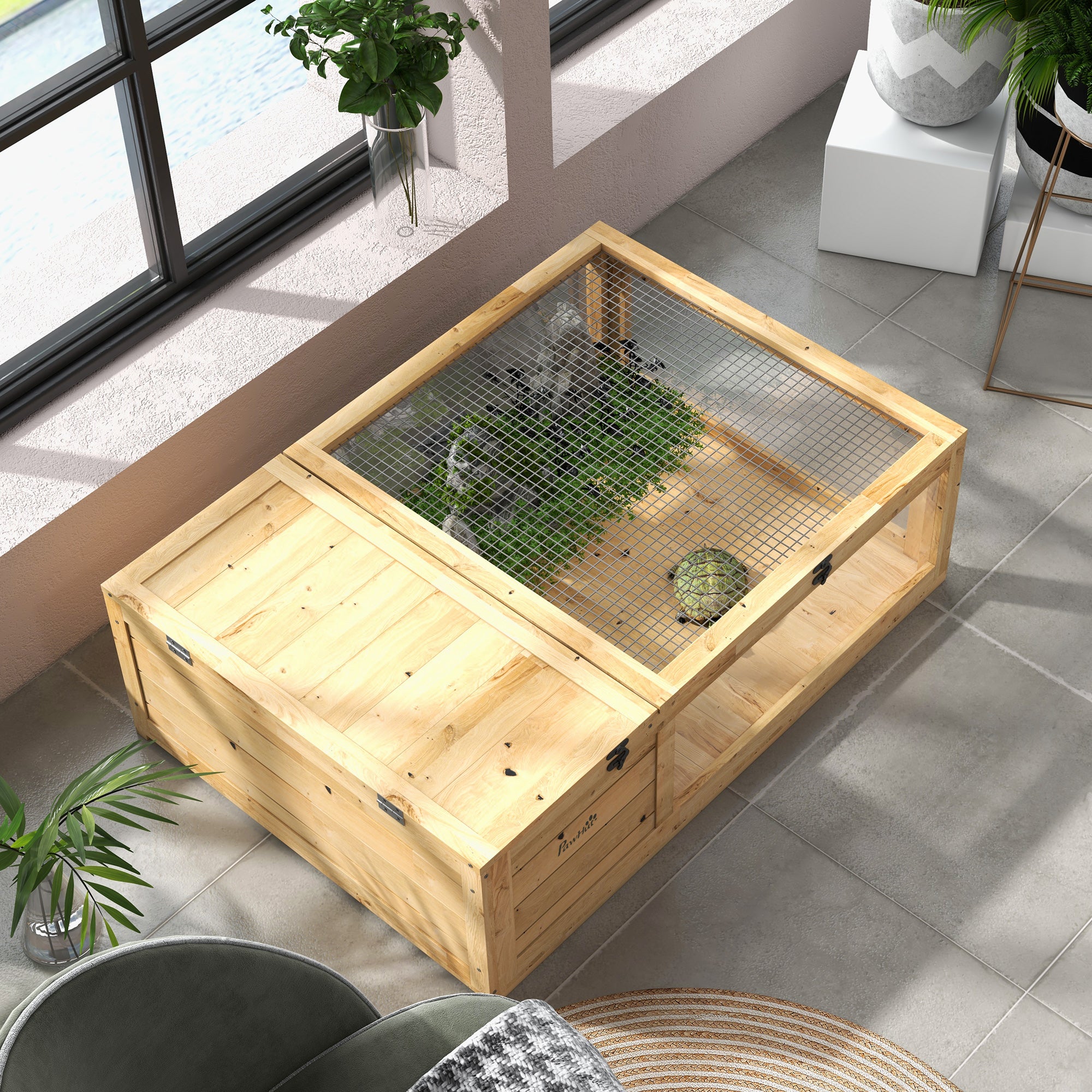 Wood Tortoise House Indoor Outdoor Turtle Habitat Reptile Cage for Lizards, Geckos, 35.8" x 23.8" x 12.6", Yellow
