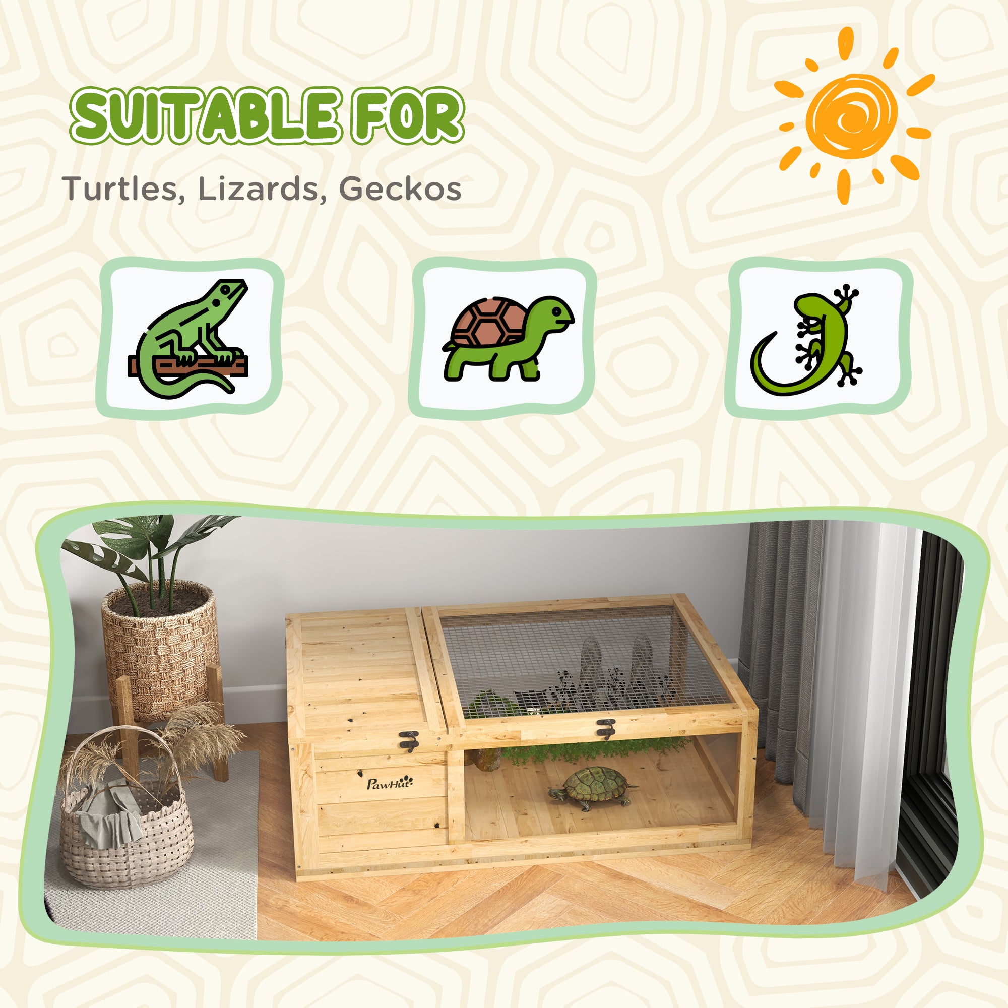 Wood Tortoise House Indoor Outdoor Turtle Habitat Reptile Cage for Lizards, Geckos, 35.8" x 23.8" x 12.6", Yellow