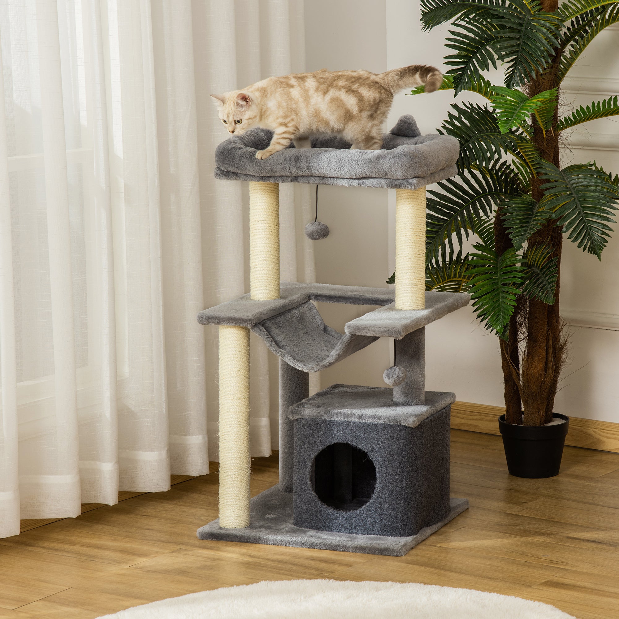 Cat Tree, 90cm Cat Tower with Sisal Scratching Posts, Cat Condo, Hammock, Top Perch and 2 Hanging Toys for Indoor Cats, Grey