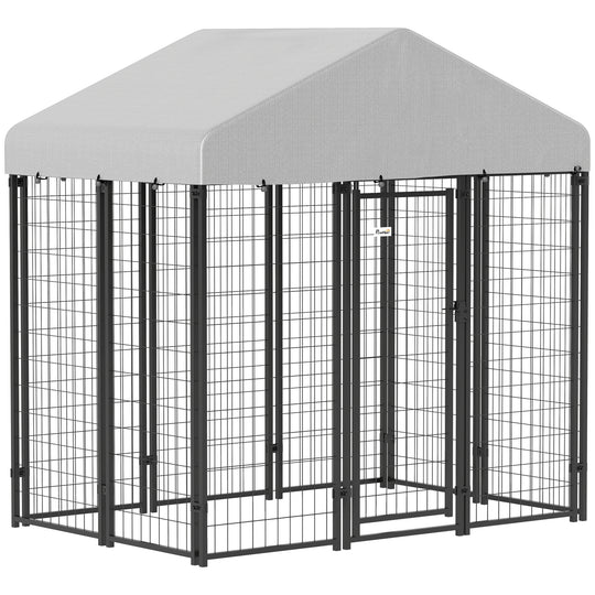 6' x 4' x 6' Outdoor Dog Kennel, Lockable Dog Run Crate with Waterproof UV-Resistant Cover, Welded Wire Steel Fence for Medium Dogs, Silver