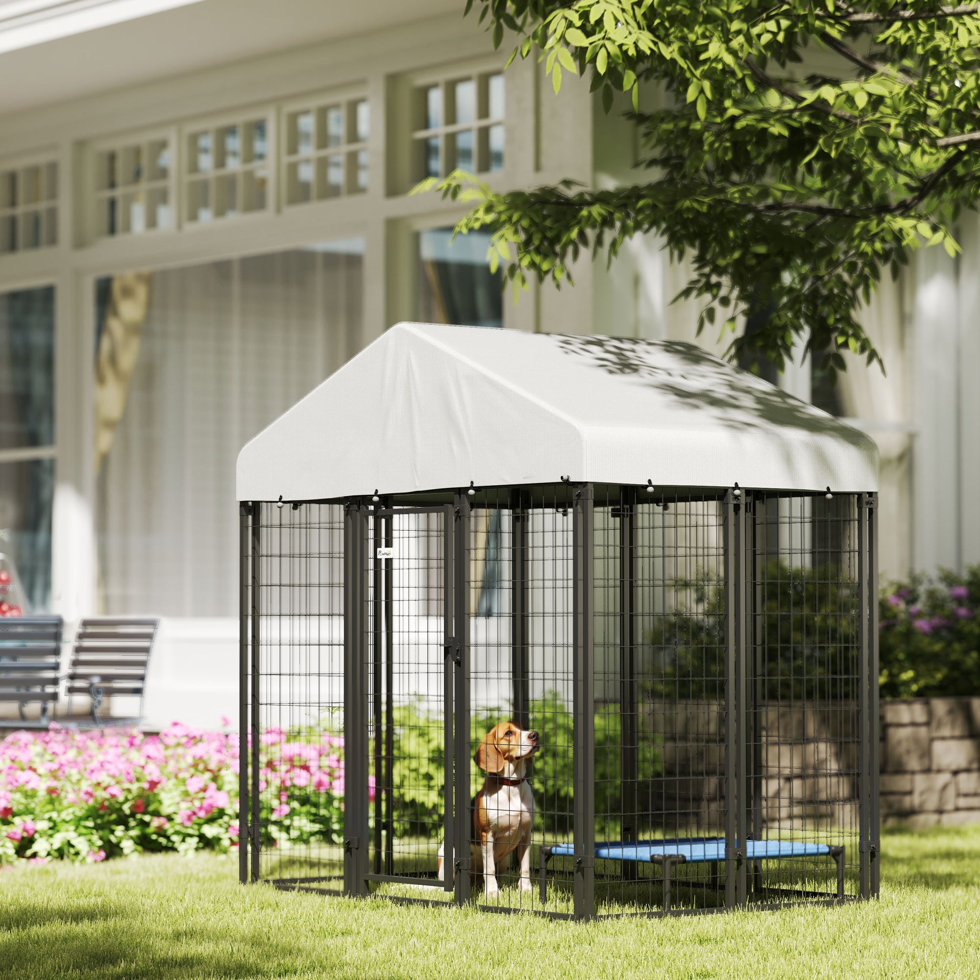 PawHut Outdoor Dog Kennel, 5.9' x 4' x 6' Heavy Duty Welded Wire Dog Playpen Enclosure with Roof, Escape-proof Lock, UV-Resistant & Waterproof Cover, for Medium Dogs, Silver
