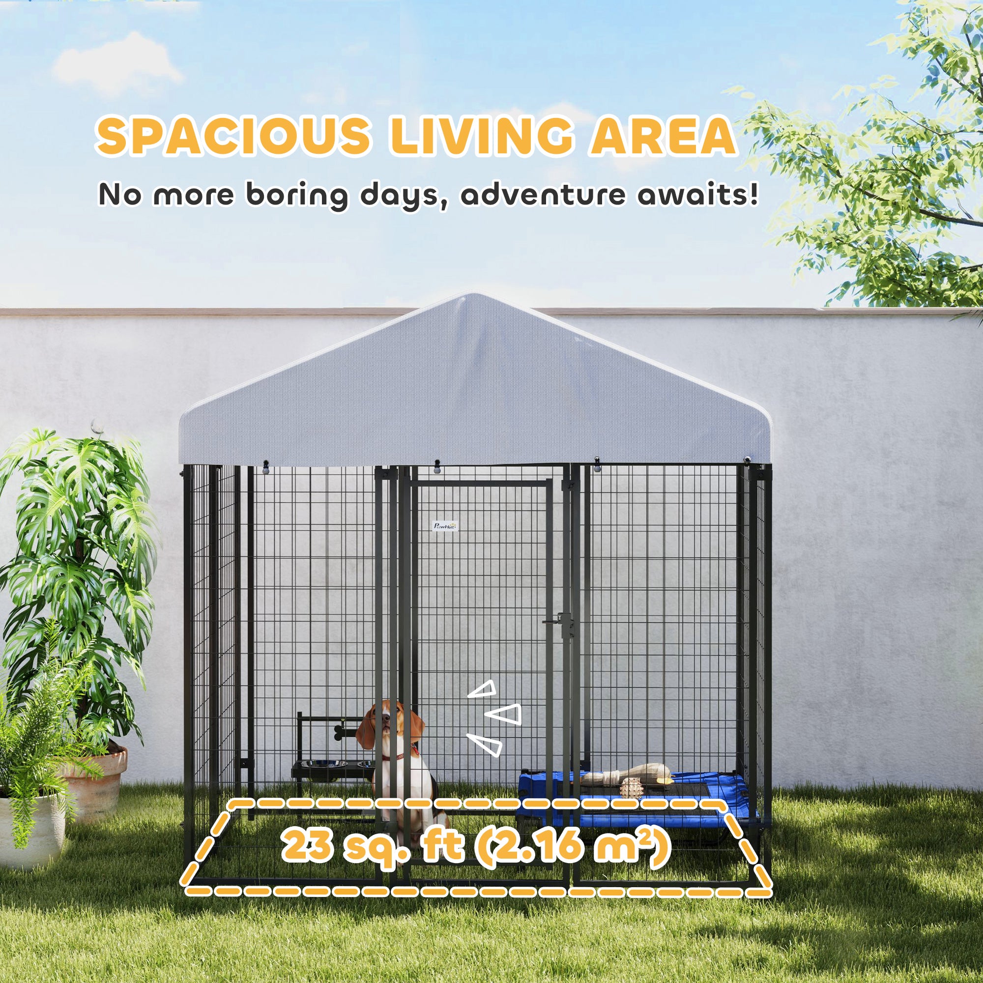 PawHut Outdoor Dog Kennel, 5.9' x 4' x 6' Heavy Duty Welded Wire Dog Playpen Enclosure with Roof, Escape-proof Lock, UV-Resistant & Waterproof Cover, for Medium Dogs, Silver