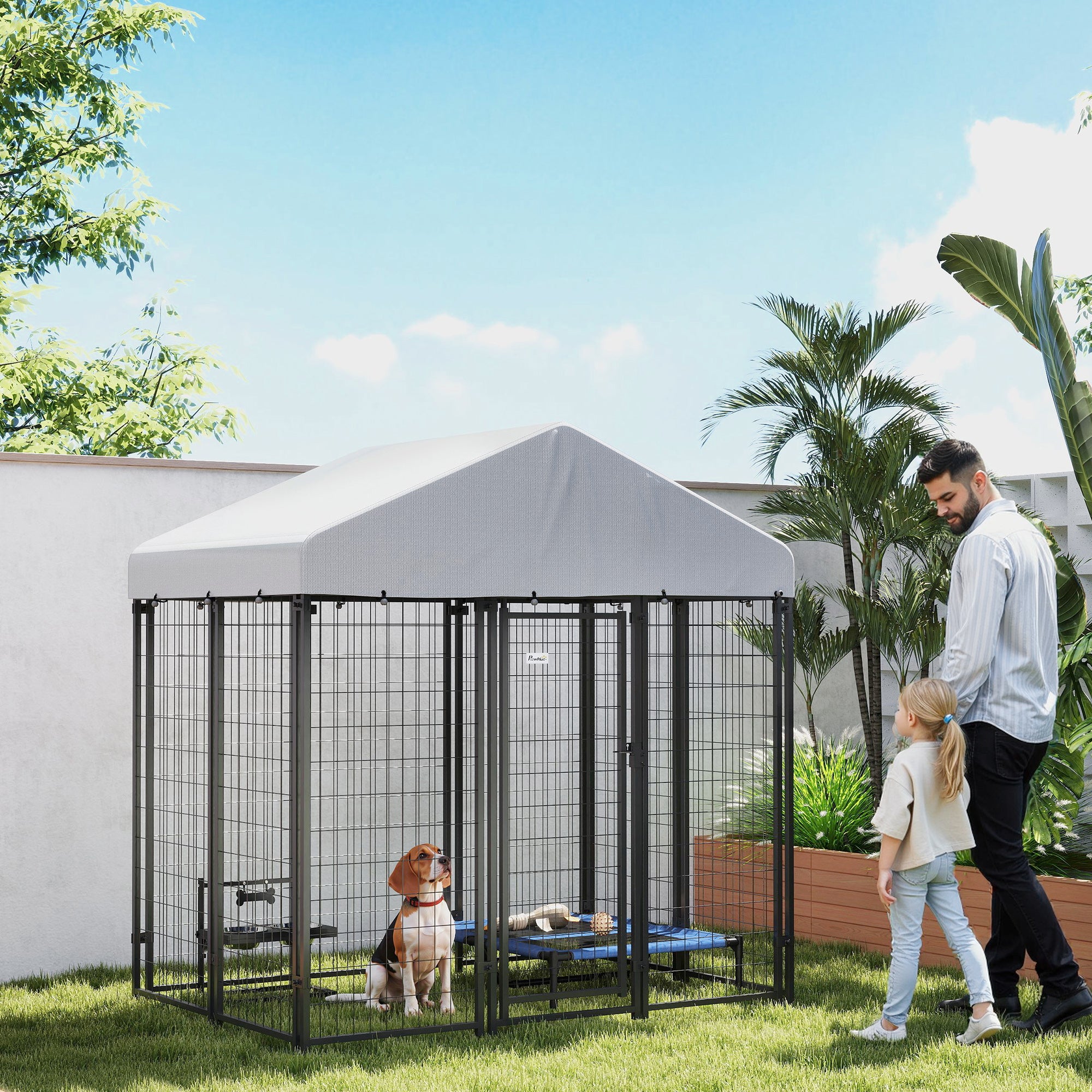 PawHut Outdoor Dog Kennel, 5.9' x 4' x 6' Heavy Duty Welded Wire Dog Playpen Enclosure with Roof, Escape-proof Lock, UV-Resistant & Waterproof Cover, for Medium Dogs, Silver