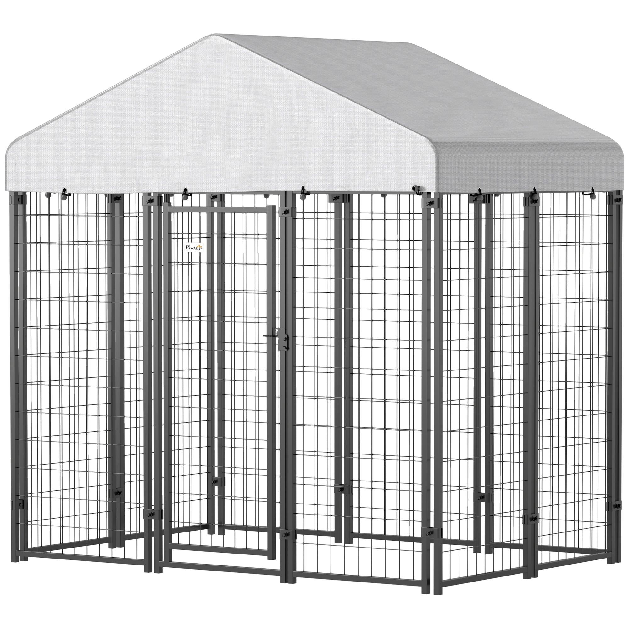 PawHut Outdoor Dog Kennel, 5.9' x 4' x 6' Heavy Duty Welded Wire Dog Playpen Enclosure with Roof, Escape-proof Lock, UV-Resistant & Waterproof Cover, for Medium Dogs, Silver