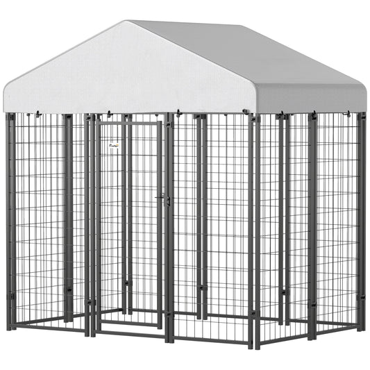 PawHut Outdoor Dog Kennel, 5.9' x 4' x 6' Heavy Duty Welded Wire Dog Playpen Enclosure with Roof, Escape-proof Lock, UV-Resistant & Waterproof Cover, for Medium Dogs, Silver